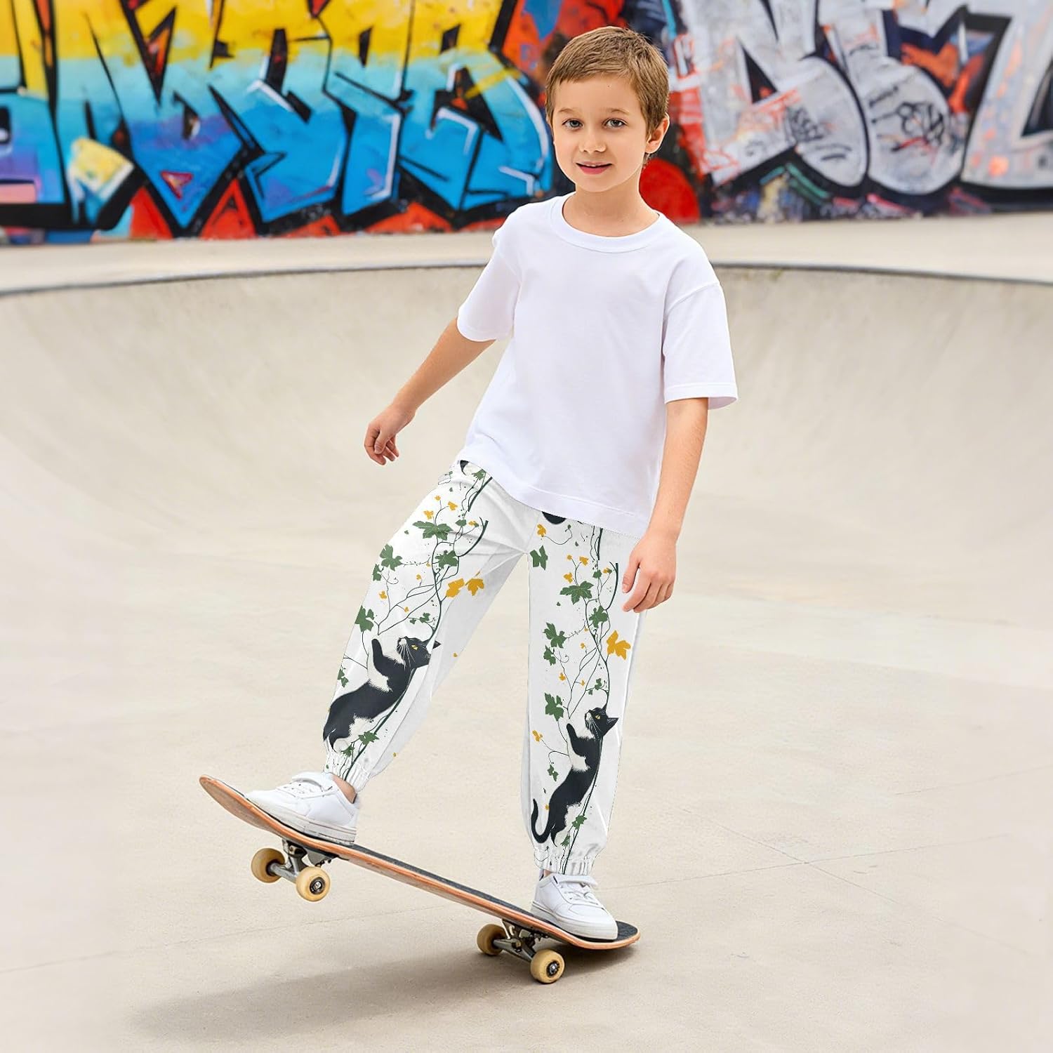 Boy Sweatpants Green Leaf Black Cat Joggers Casual Athletic Pants Kids Elastic Waist Cuffed with Pockets