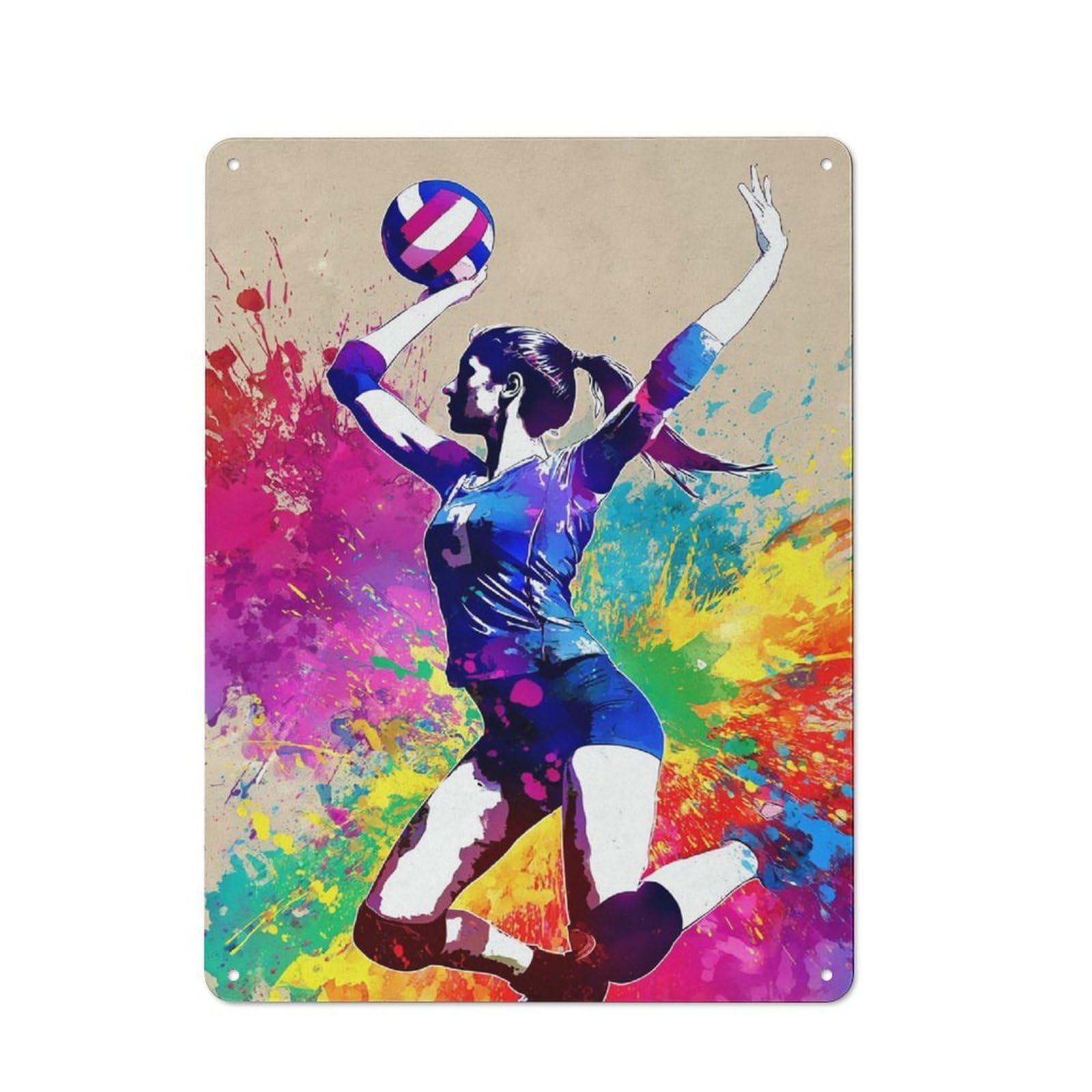 Junmoney Volleyball Spirit Colorful Artwork Vintage Tin Wall Plaque 40X30cm For Studio Or Craft Room, For Garage, Workshop And Man Cave Decoration