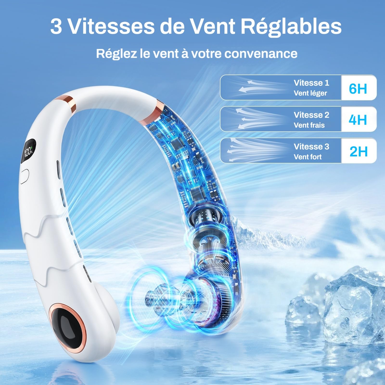 SHINER Ventilateur de Cou Portable Sans Pale, Ventilateur Tour de Cou Rechargeable USB avec Écran LED, 360° lux d’Air, 3 Vitesses, Silencieux Mains Libres pour Bureau,Voyage,Sport,Camping(Blanc)