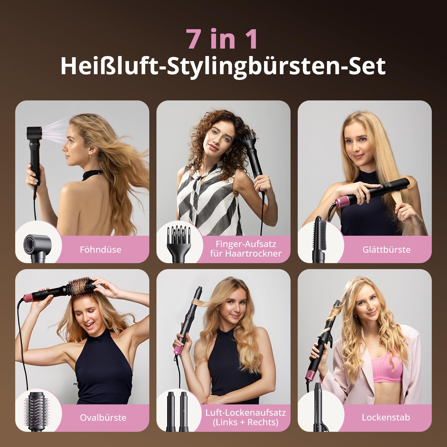CrazyMar Rundbürstenföhn,7-in-1 Airstyler,Ionen Föhn & Lockenstab,110.000 U/min Warmluftbürste,Professioneller Hairstyler,Lockenstab Automatisch,Glätteisen,Zum Styling,Volumisieren,Locken und Glätten