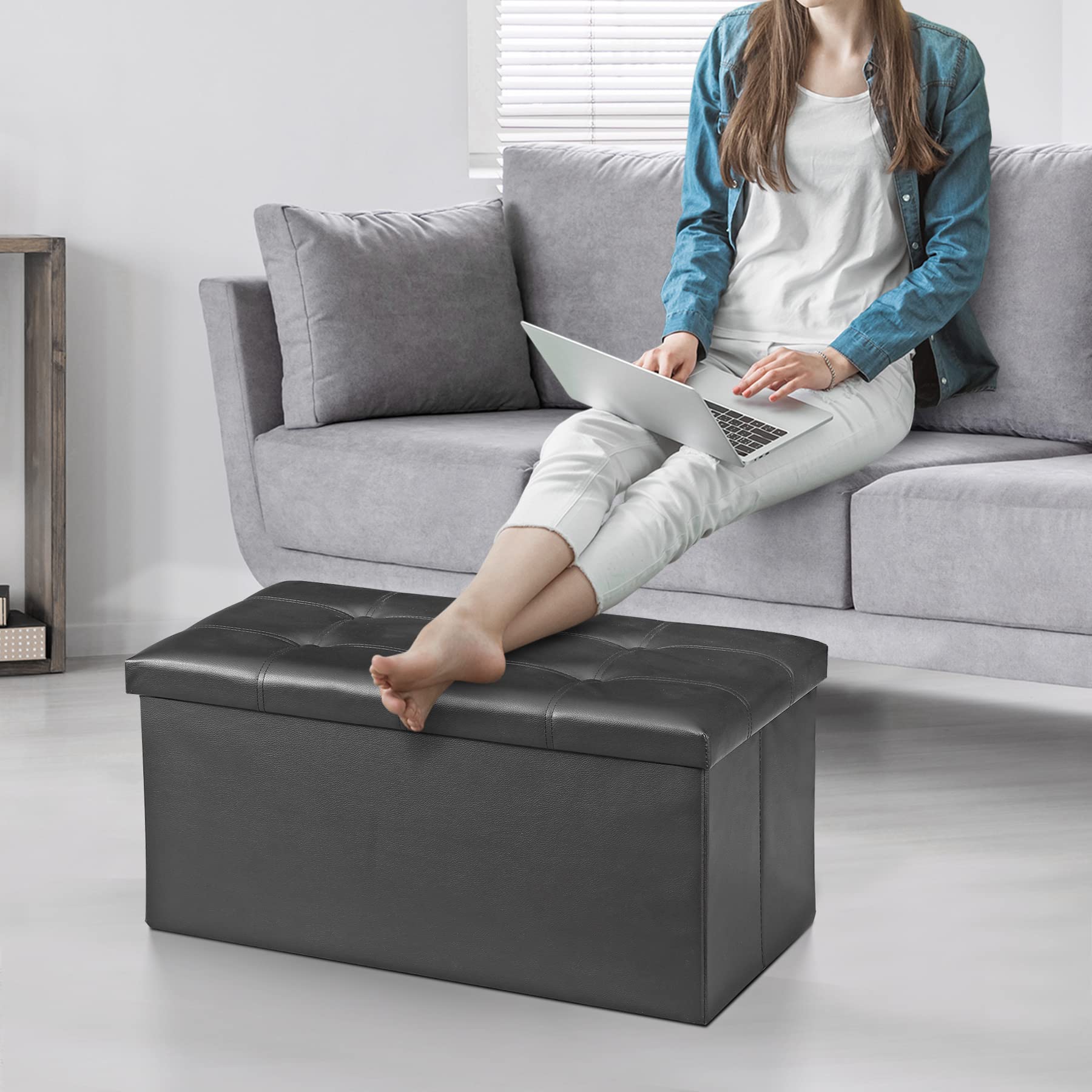 Sweetcrispy 30-Inch Folding Storage Ottoman Bench – Padded Seat, Holds 660 Lbs, Deep Grey