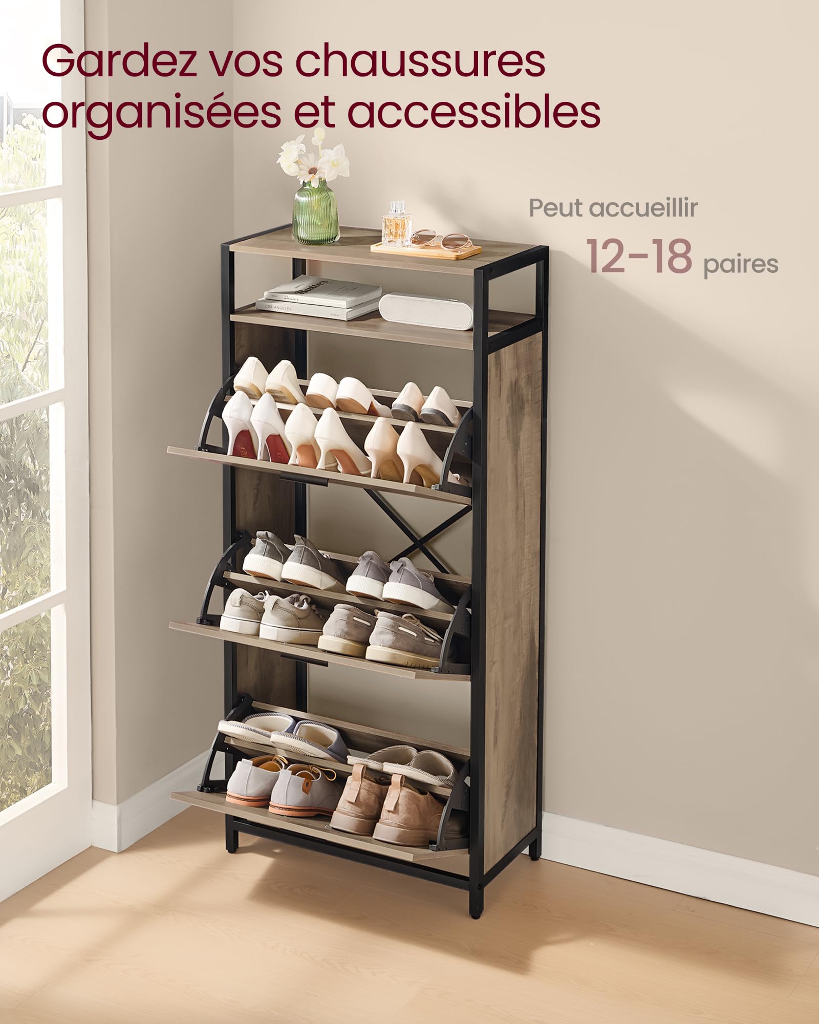 VASAGLE Meuble à Chaussures, Porte-Chaussures Fin, Meuble de Rangement à 3 Abattants, pour 12-18 Paires, Anti-poussière, 30 x 60 x 130 cm, pour Entrée, Marron Camel et Noir d'encre LBS101B01