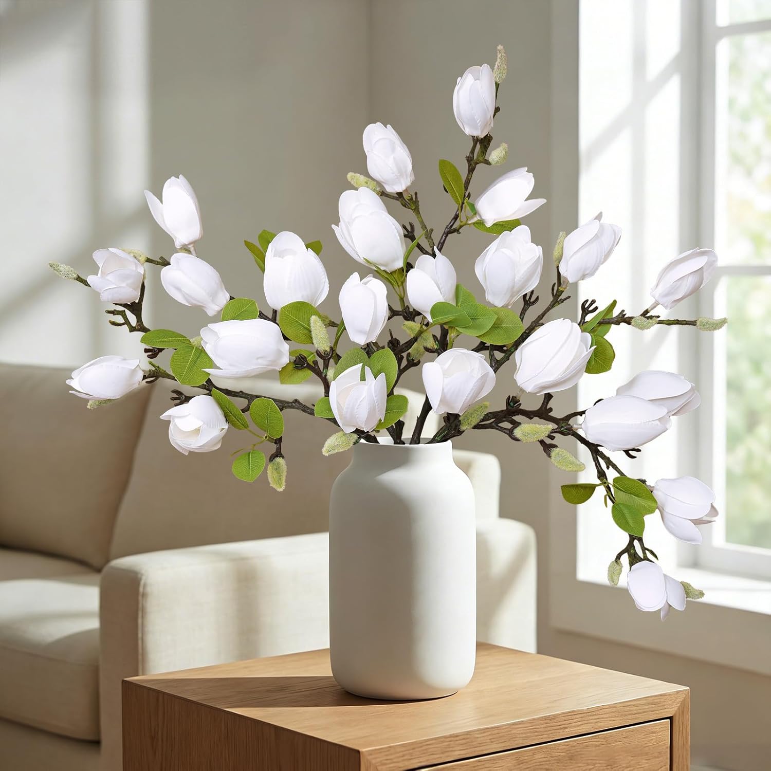 6PCS Artificial Magnolia Flowers Stems for Spring Decoration,26In Artificial White Fake Flowers with Buds Faux Long Stem Floral Arrangement for Vase Table Centerpiece Indoor Home Decor