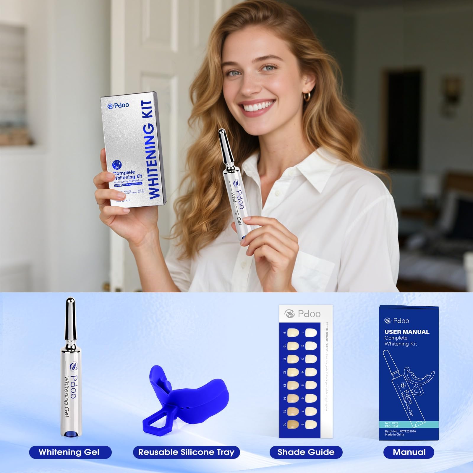 Kit de blanqueamiento dental con Pap+ | Bolígrafo de gel blanqueador de dientes de 10 ml y bandeja de blanqueamiento de silicona para todos los dientes, sin sensibilidad, sin peróxido y kit de