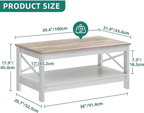 Miniatura 31 de YITAHOME Mesa auxiliar para sala de estar, moderna mesa de centro de granja con almacenamiento, mesa central de 2 niveles de madera, mesa de sala de