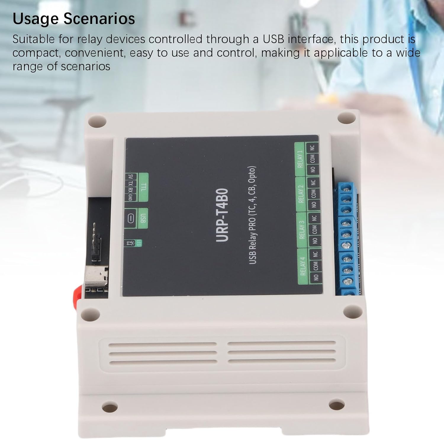 4 Channel USB Relay Module, Optocoupler Isolation ABS Housing 3.5cm Universal Rail with Type C Interface UART Control for SCADA Systems Home Automation