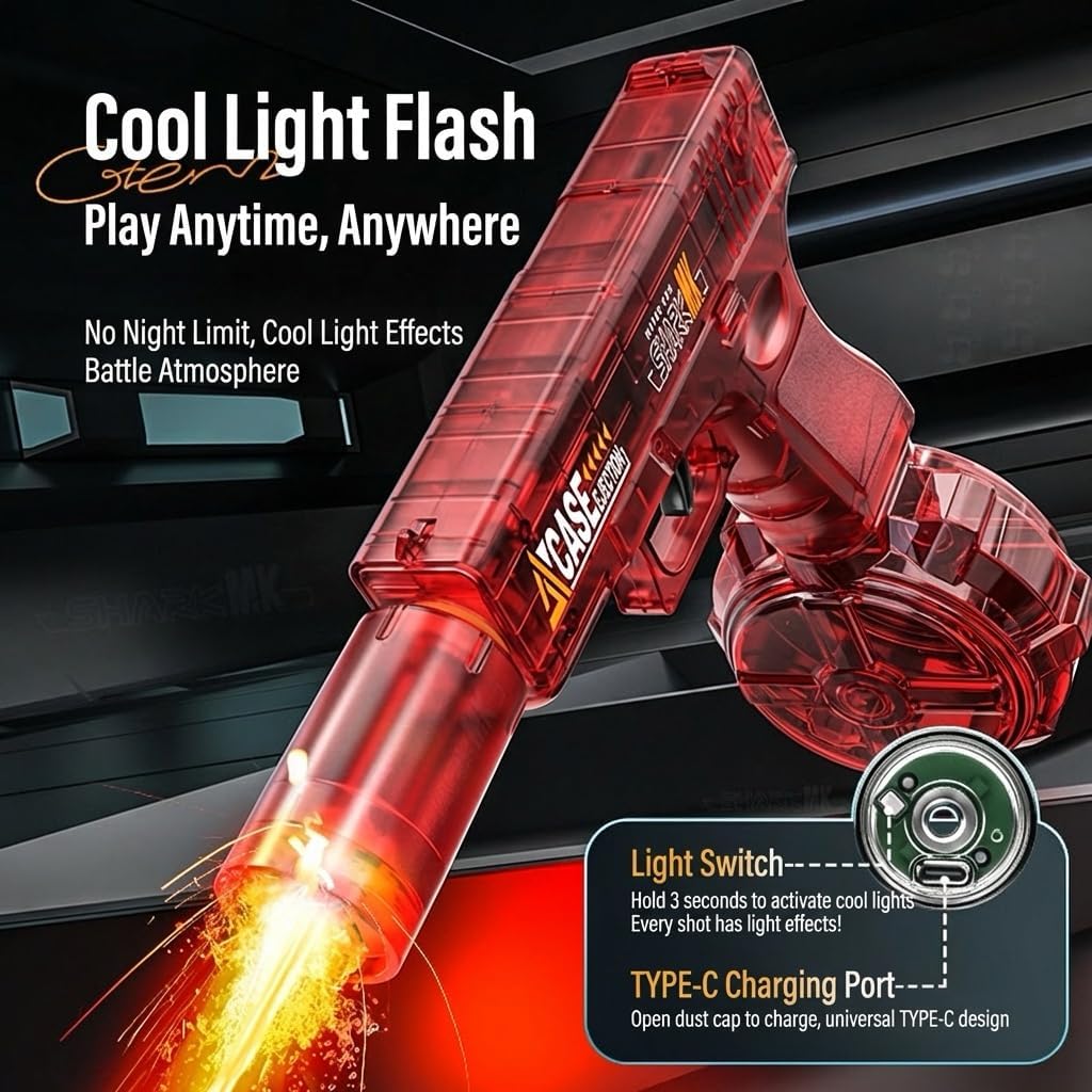 Electric Water Gun, Transparent Automatic Squirt Gun with Manual Mode & LED Lights, High Capacity Water Blaster for Summer Outdoor, Pool, Beach & Party Toys. (Black+Blue)