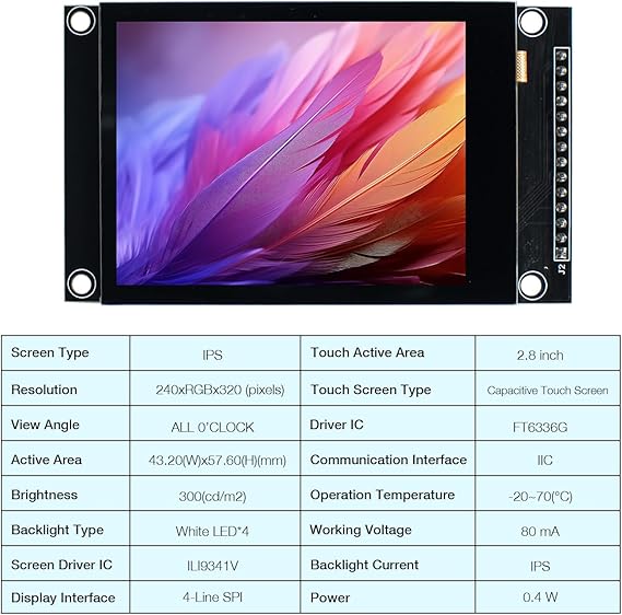 Hosyond 2.8 inch 240x320 IPS Capacitive Touch Screen SPI Serial ILI9341V Driver LCD Display Module for Arduino R3/Mega2560