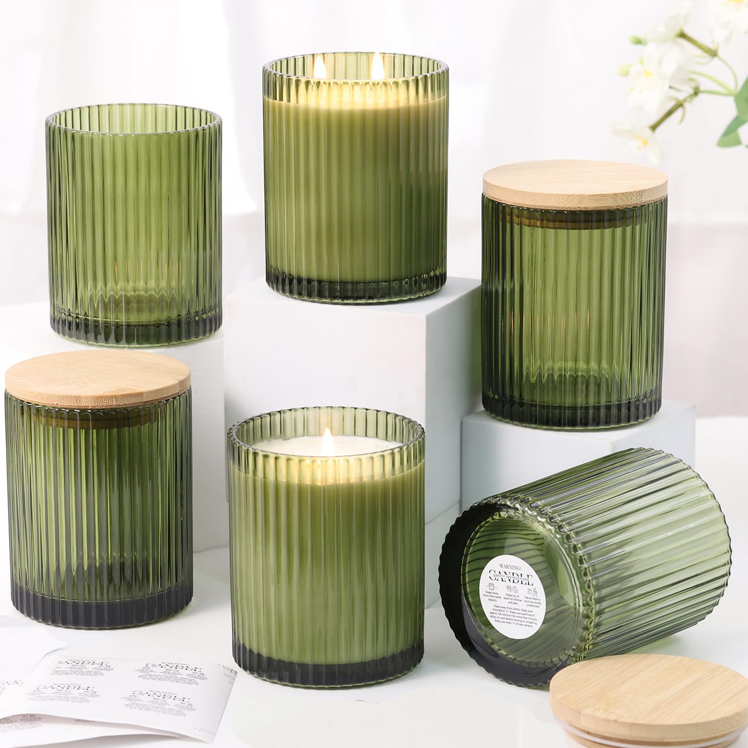LAMORGIFT 14OZ Olive Green Glass Candle Jars for Making Candles, 6 Pack - Empty Candle Jars Bulk with Bamboo Lids and Accessories, Ribbed Candle Vessels Containers for Candle Making