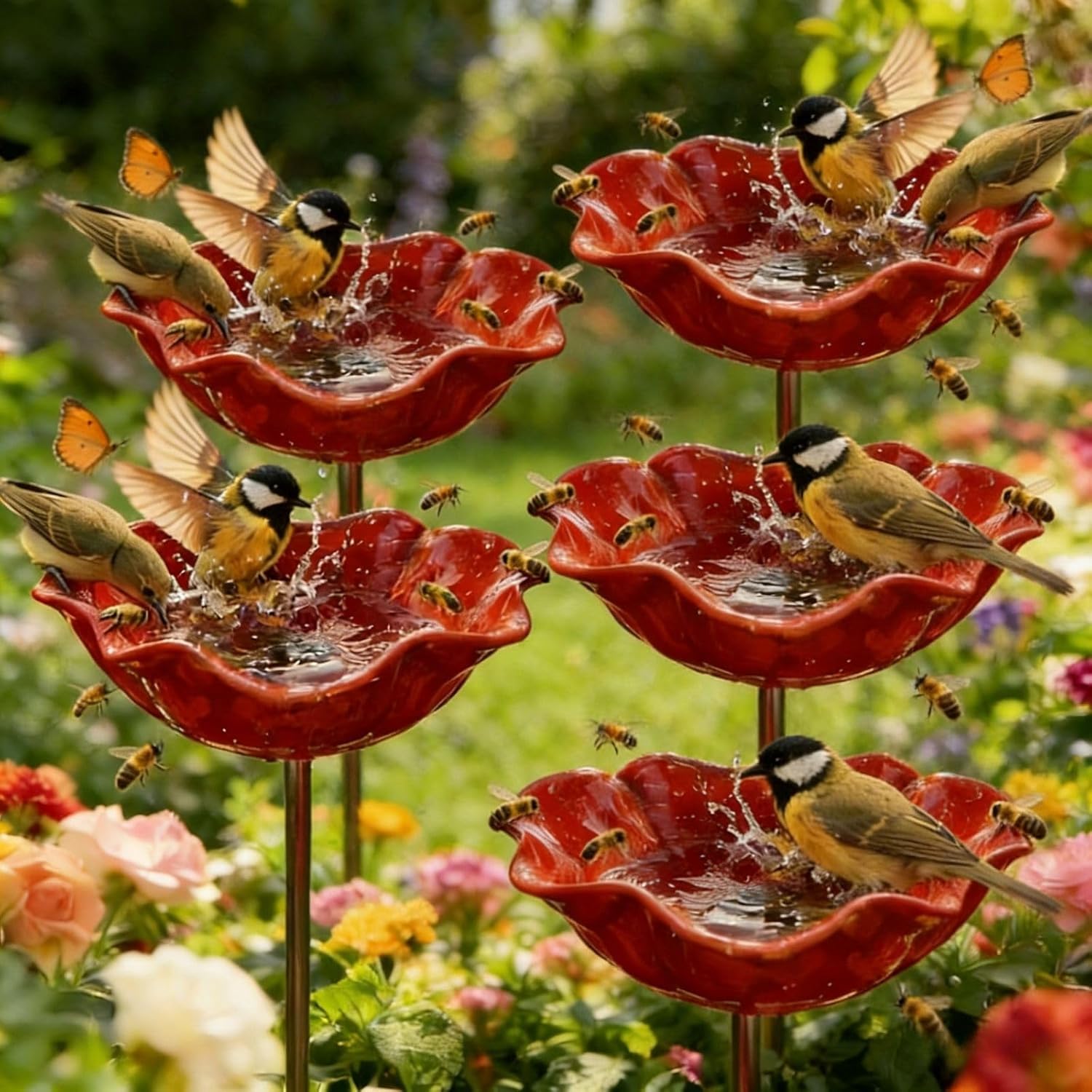 Handmade Metal Flower Garden Stake with bird Bath & pollinator water station, Butterfly Bee Water Feeder with Flower Design, Colorful Outdoor Bird Bath Bowl for Yard, Lawn (Red 5 PCS)