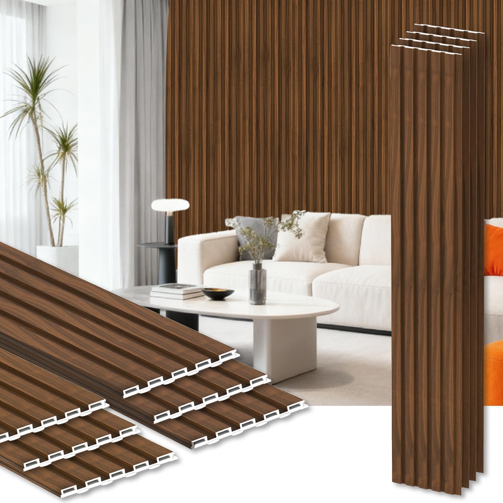 RITOLLO 10-Pack WPC Slat Wall Panels, 96 x 6 Inches 3D Fluted Wall Panels for Interior Wall Decor, Modern Accent Wood Wall Paneling for Living Room, TV Background, Office, Bedroom(Teak)