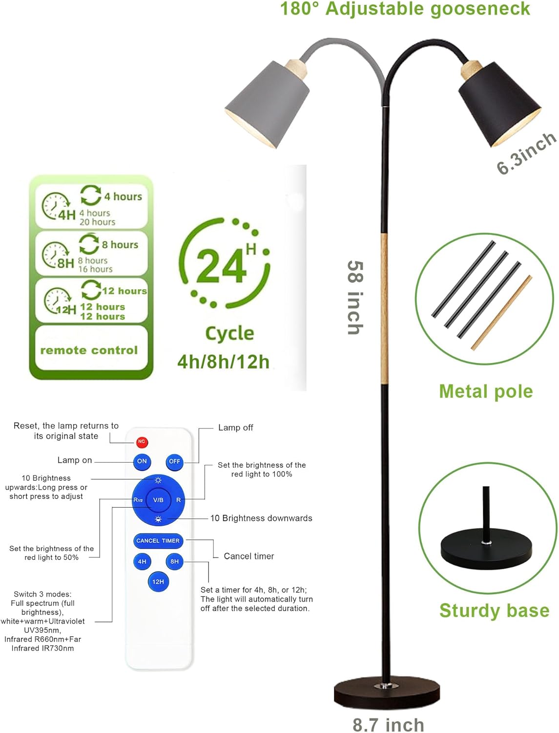 Floor Grow Light for Indoor Plants, 58" Tall Standing Grow Light, 18W Dimmable LED Plant Light with Timer, Full Spectrum Plant Light with Flexible Gooseneck & Remote Control (Black)