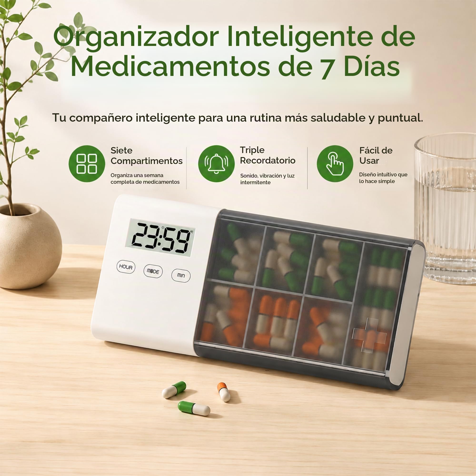 Pastillero Electrónico con Alarma para Mayores, 5 Recordatorios Diarios
