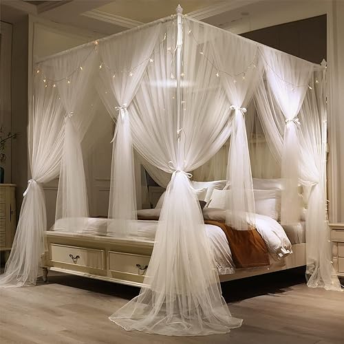 Miniatura 1 de VETHIN 4 Corners Post Princess Bed Canopy Curtain Double Layer Cozy Drape Netting 4 Opening Mosquito Net for Girls & Adults Bedroom Decoration