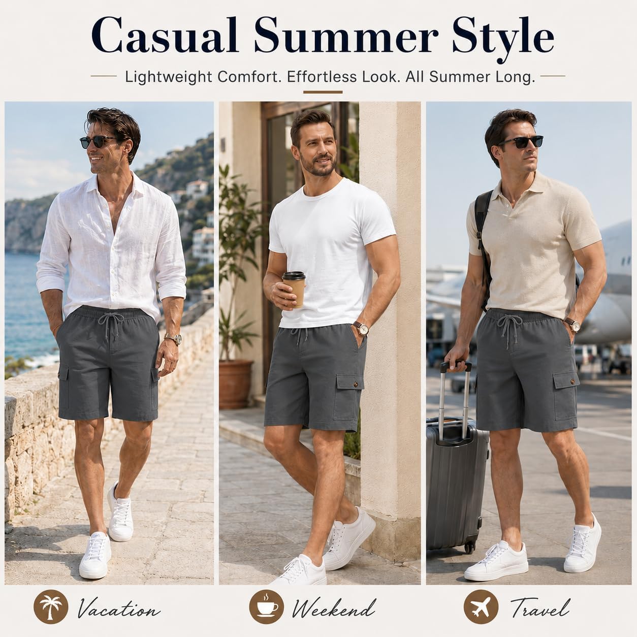 NITAGUT Mens Cargo Shorts 7" Casual Drawstring Elastic Waist Summer Vacation Shorts with Utility Flap Pockets