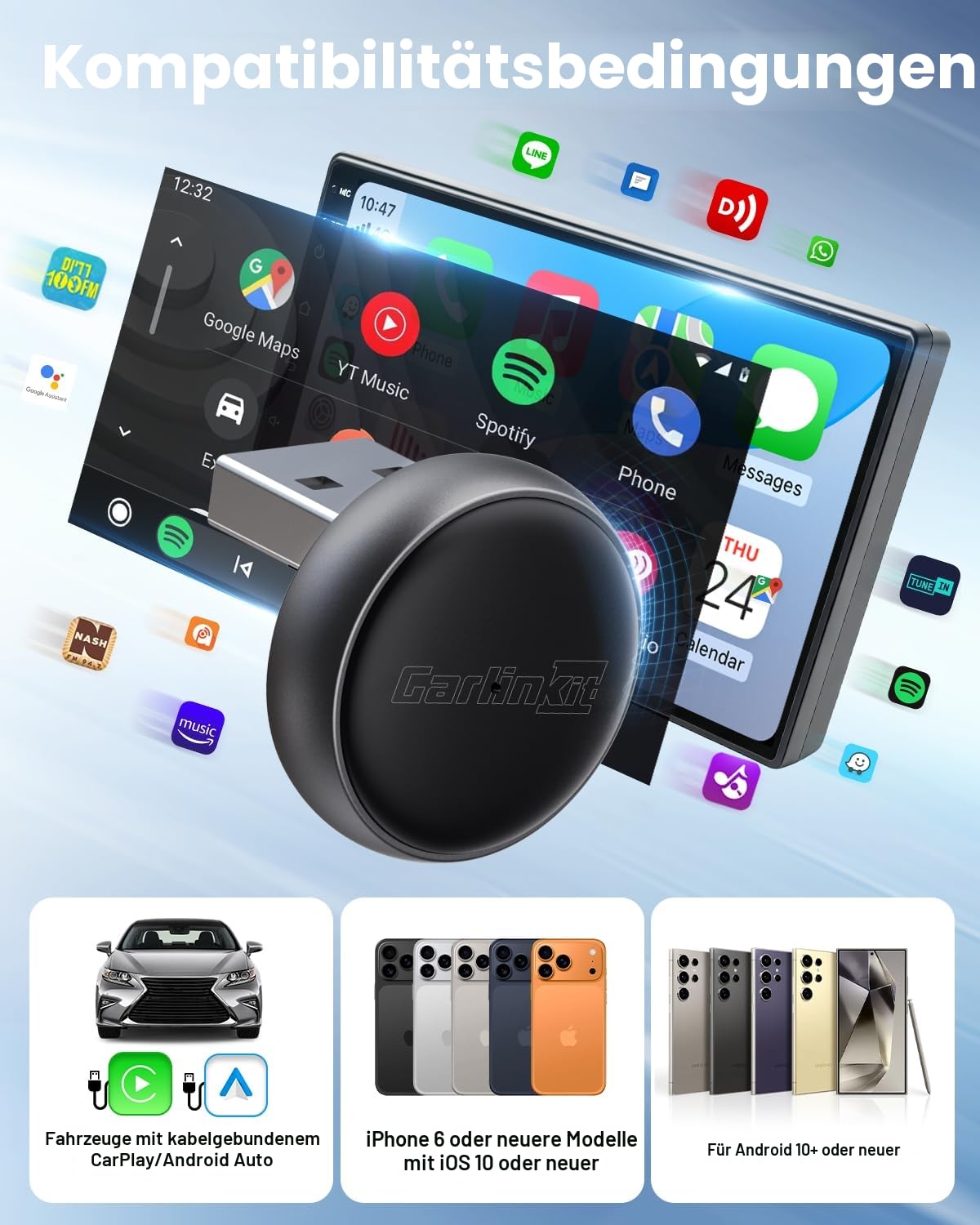 CarlinKit MINI Ultra3 – der neueste kabellose CarPlay- und Android Auto-Adapter, der kabelgebundene Verbindungen in kabellose umwandelt und so für ultraschnelle Konnektivität sorgt. Plug-and-Play-fähi
