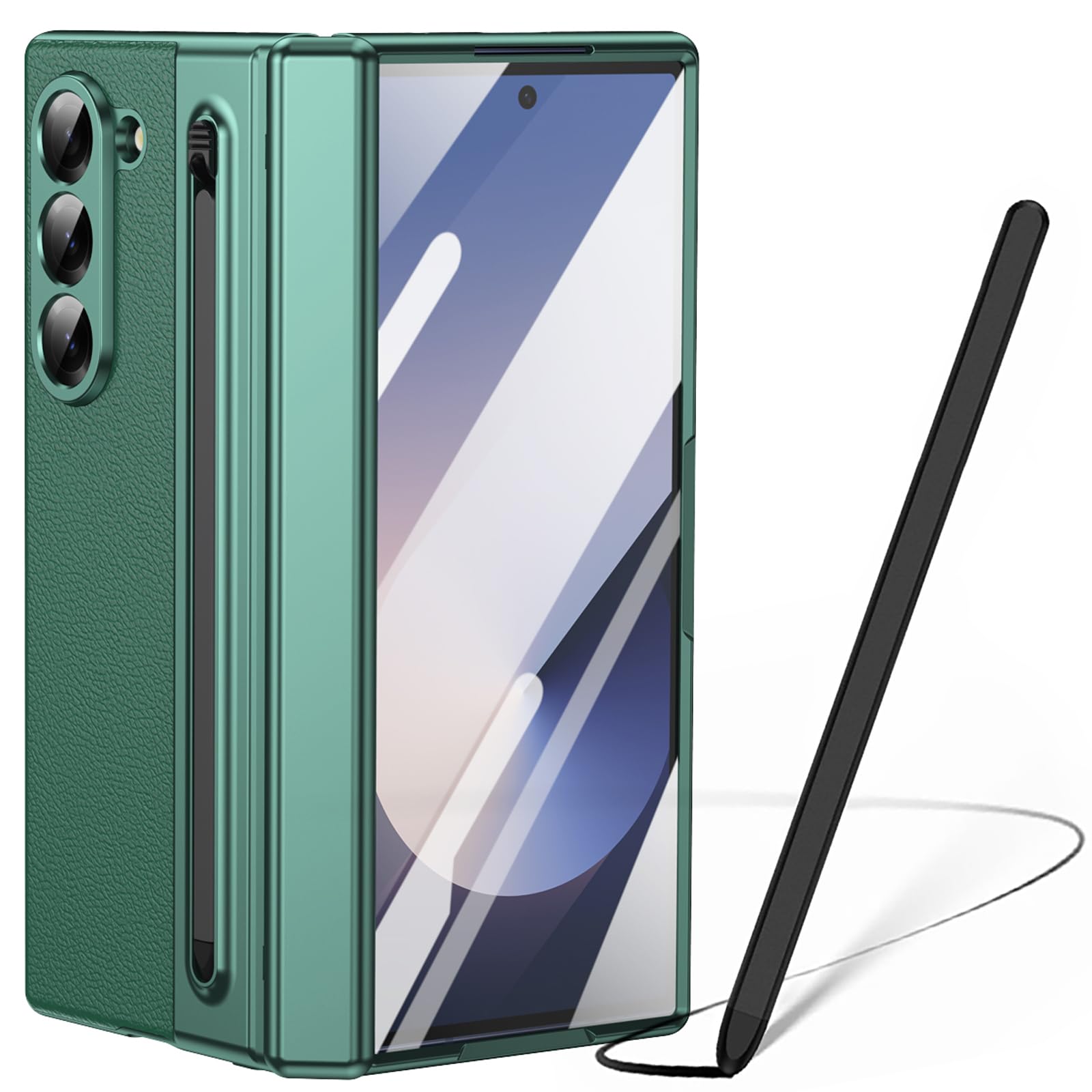 Custodia per Galaxy Z Fold 6, Protezione cerniera Samsung Fold6 cover, custodia Samsung Galaxy Z Fold6 con pellicola protettiva per lo schermo + Penna stilo + portapenne-Verde