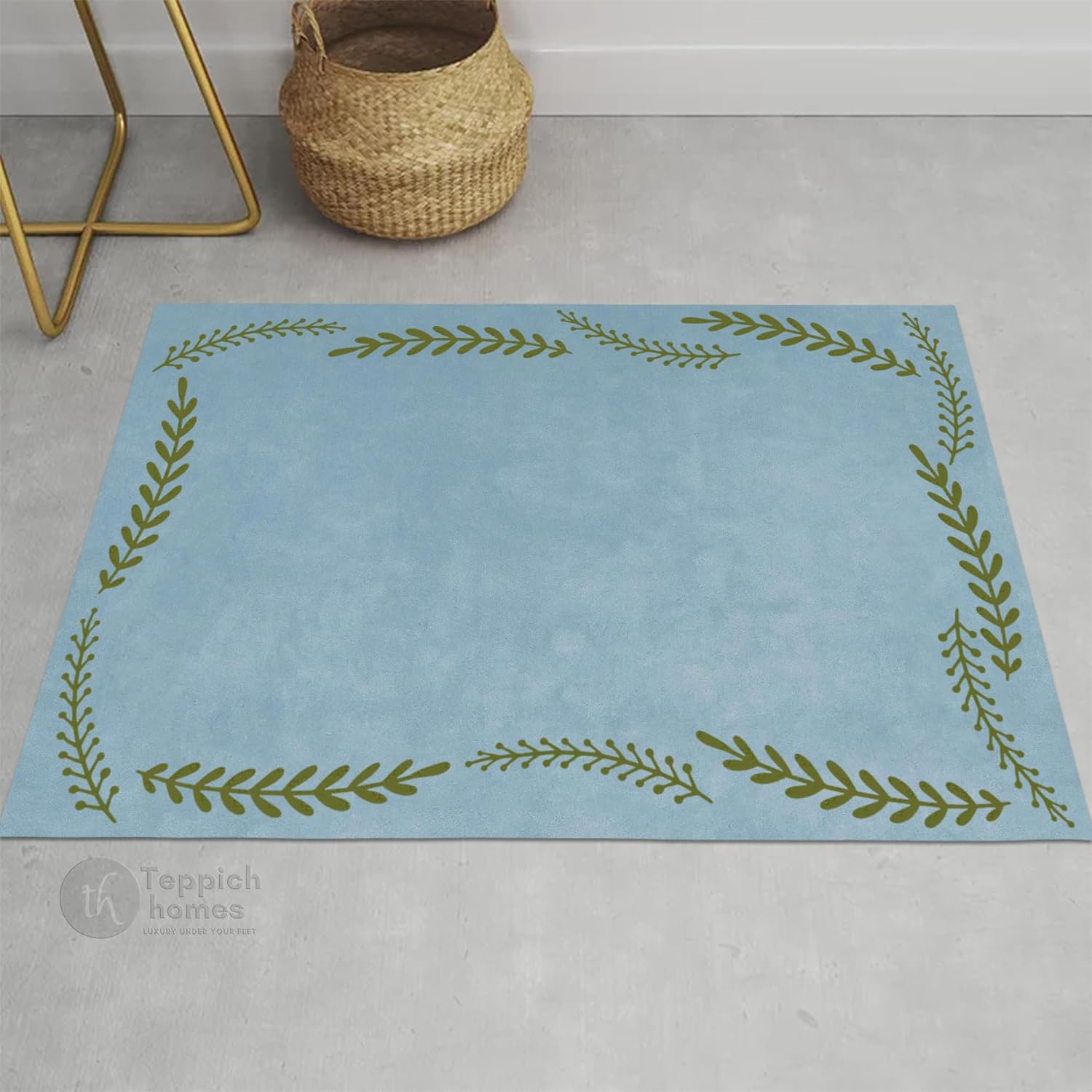 Hand Tufted Wool Area Rug 7x10 Blue & Green Botanical Border, Handmade Wool Carpet for Living Room, Bedroom, Dining Room, Soft Durable Floor Rug