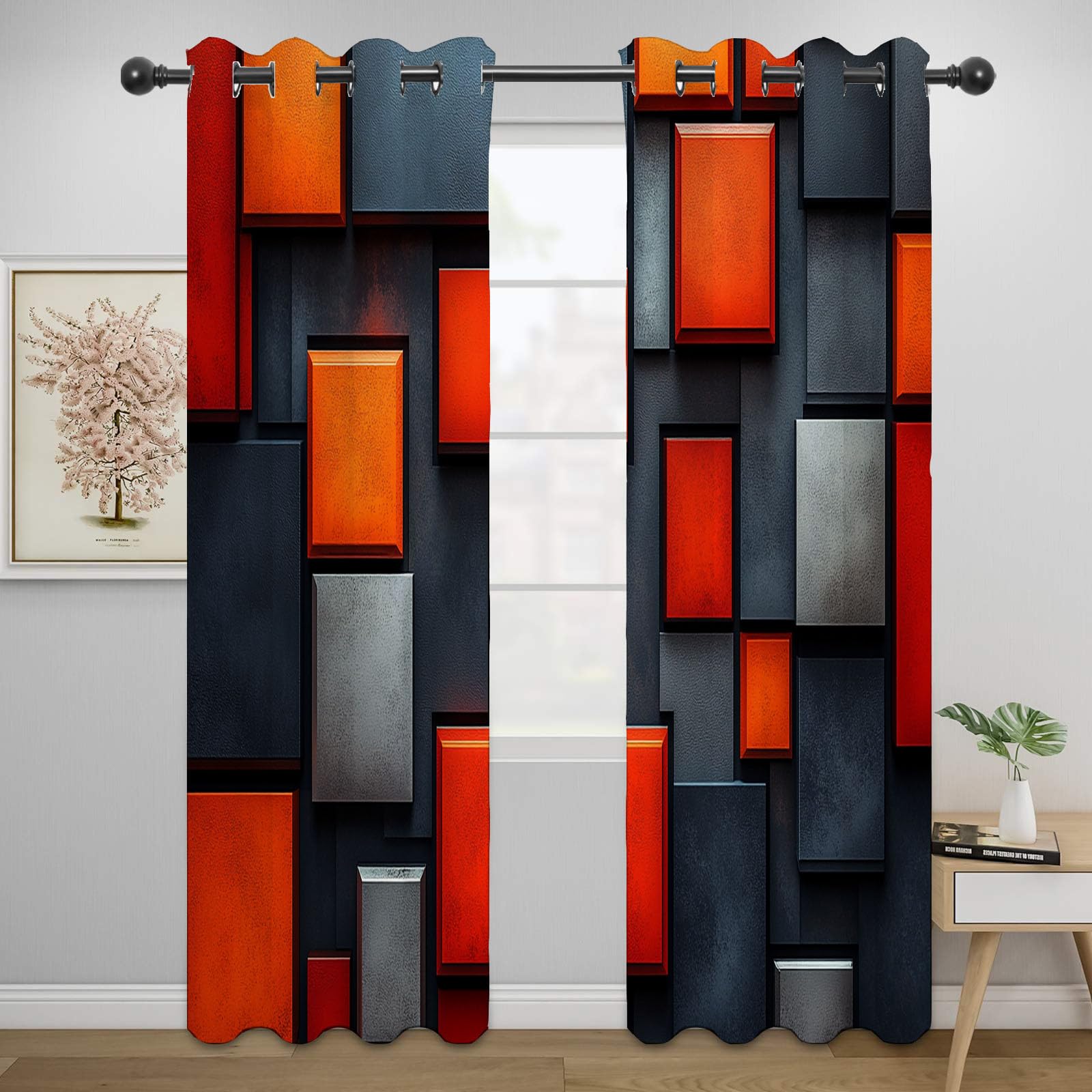 Blickdichte Gardinen - Modernes geometrisches Orangenblock Abstrakt Thermovorhang, Verdunkelungsvorhang für Wohnzimmer und Schlafzimmer-H180 x B140 cm (2er Pack)