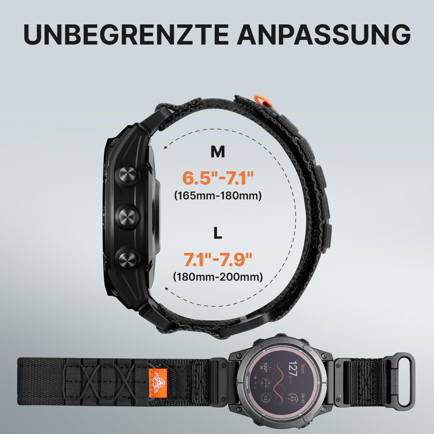 Bandletic Quick Fit 22mm 26mm Robust Nylon Armband Kompatible mit Garmin Watch Armband,Taktischer Sport Uhrenarmband für Fenix/Instinct/Tactix Delta/Descent/Epix Pro/Enduro/Quatix/Forerunner/Approach