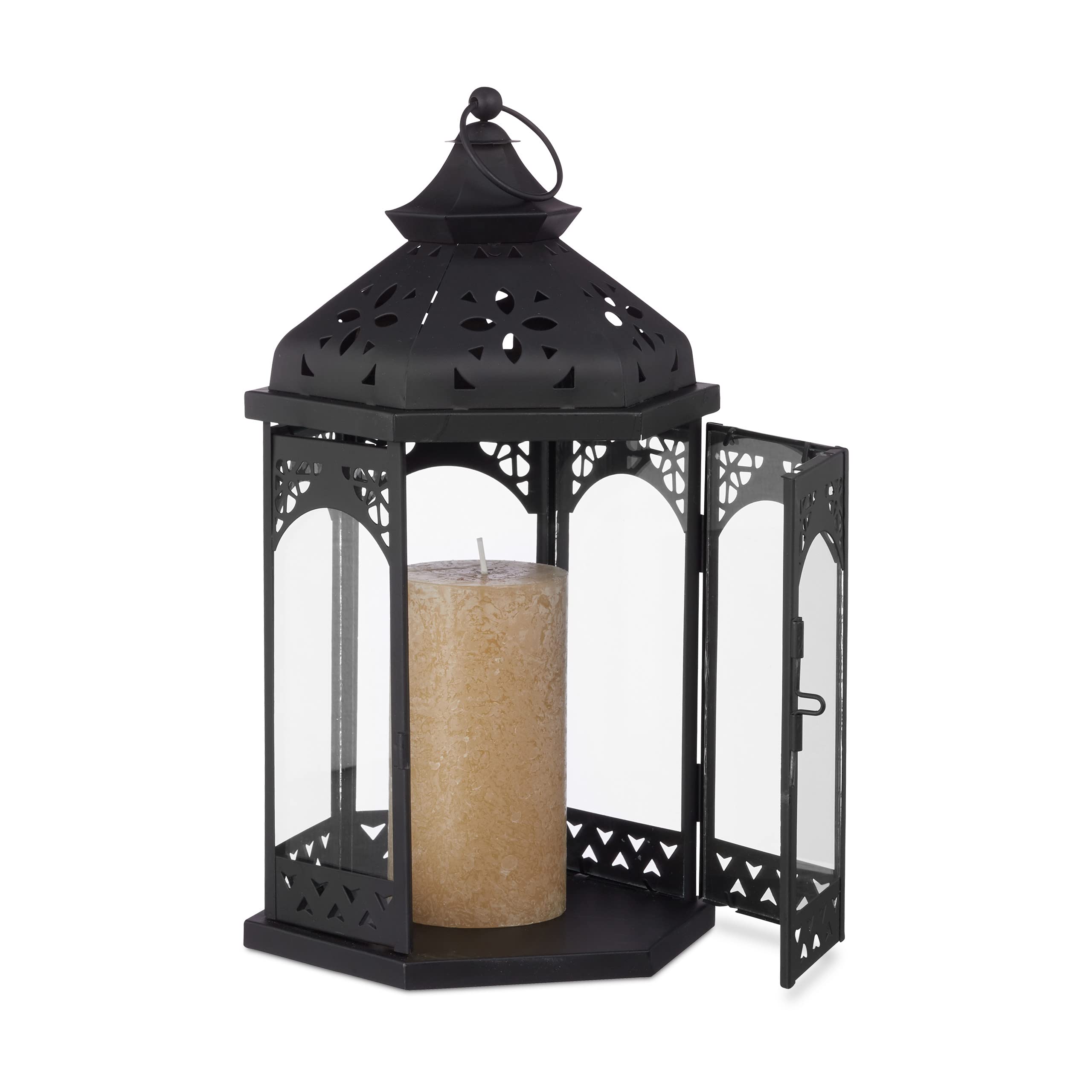 Relaxdays Set de 3 Farolillos Decorativos para Exterior e Interior, Hierro-Cristal, Negro, 3 Tamaños