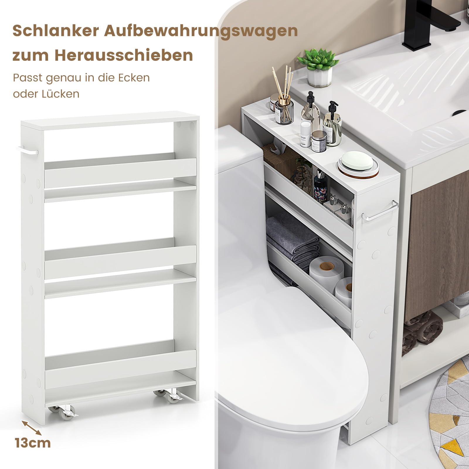 COSTWAY Nischenwagen 13cm breit, Nischenregal Badregal 4 Etagen, Nischenschrank auf Rollen, Servierwagen schmal, Küchenwagen mit Griff, Rollwagen Bad, Holz, 47,5x13x80,5cm (Reines Weiß)