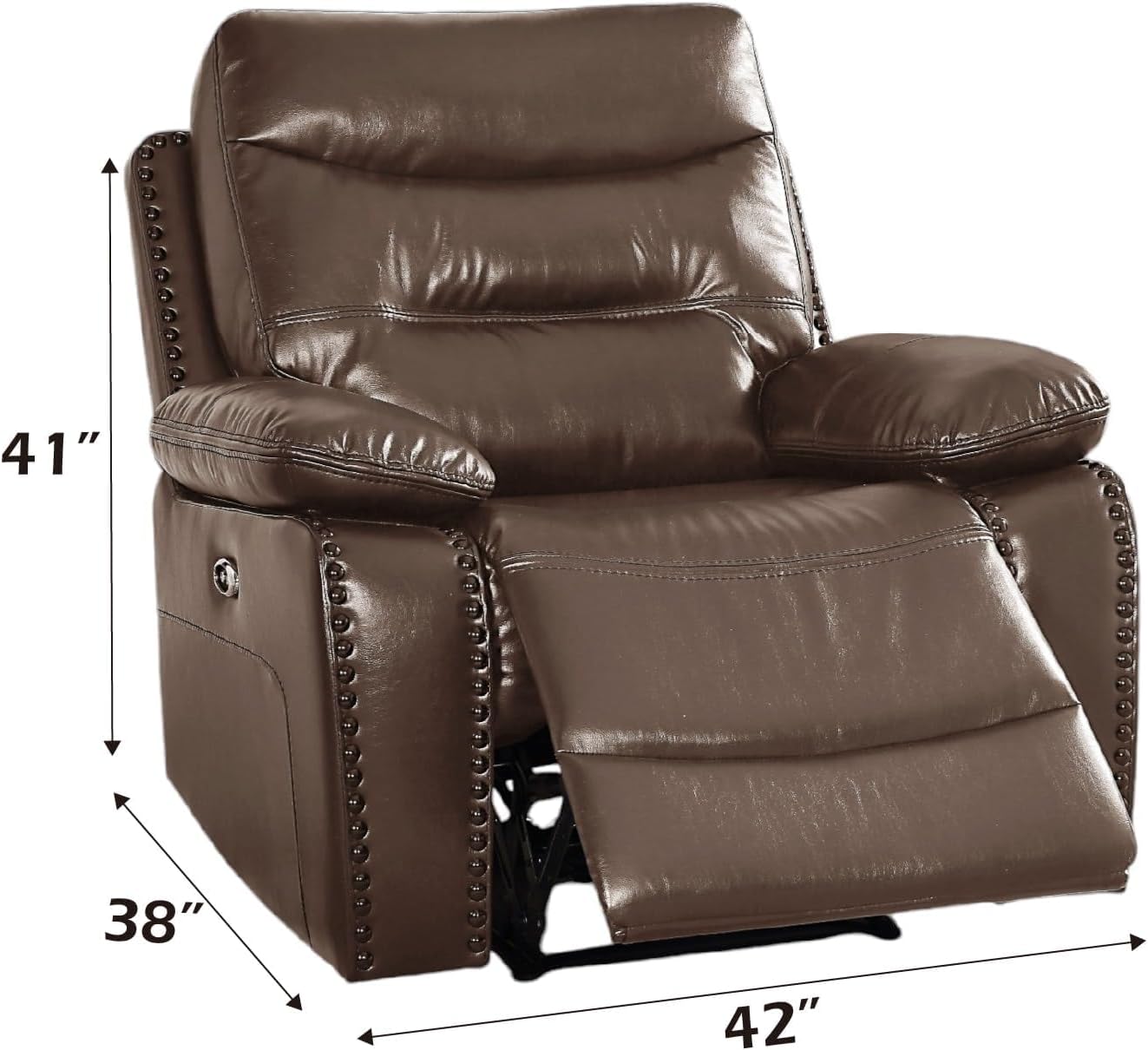 BOWERY HILL Contemporary Leather-Gel Match Power Motion Recliner, 42" W x 38" D x 41" H, Brown Finish, Horizontal Tufted Back, Pillow Top Armrests, Comfortable Living Room Seating