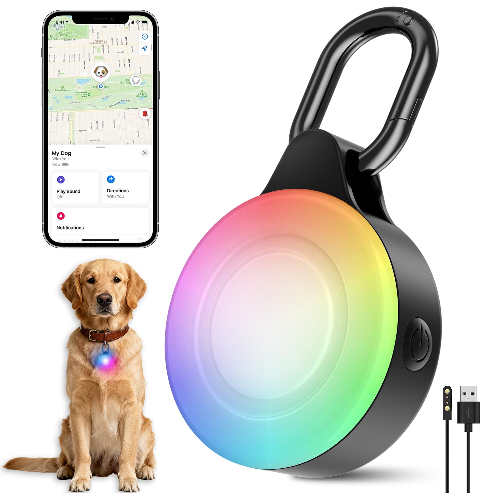 2-in-1 GPS Tracker Dog Light | Smart Tracking Pet LED Light for iOS Only | IP68 Waterproof | 6 Modes Dog Collar Light for Night Walking, Camping | Works with Apple Find My, No Subscription