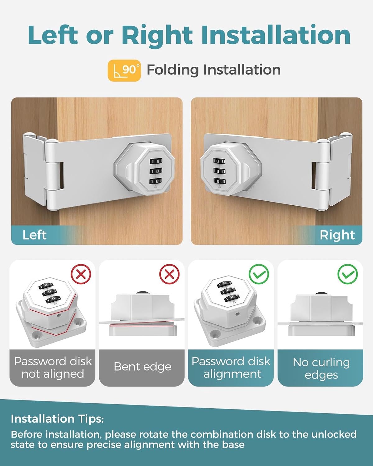 90 Degree Cabinet Combination Door Lock Latch, Zinc Alloy Password Rotary Hasp Lock, Keyless Folding Latches for Office File Cabinet, Drawers, Cupboard, Small Doors, Locker (2, White)