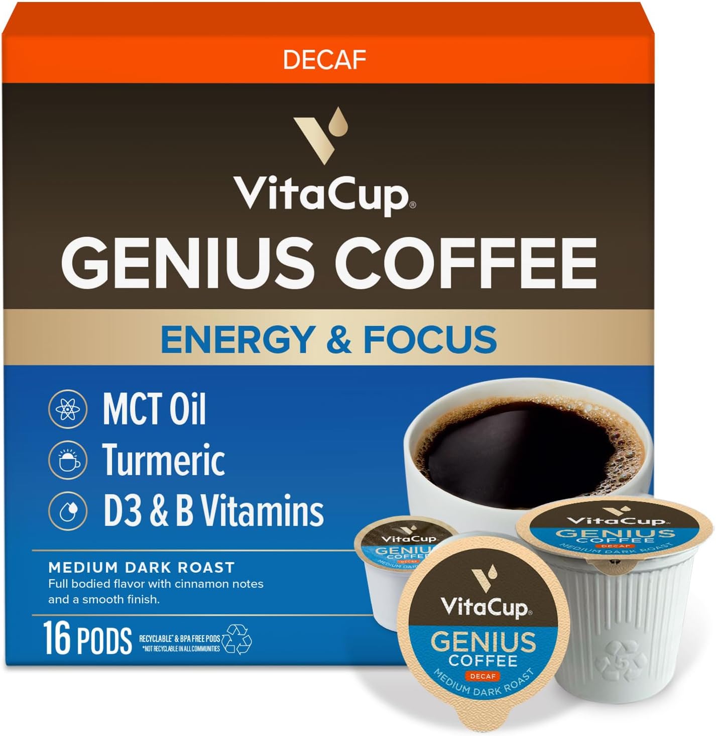 VitaCup Decaf Genius Keto Medium Roast Coffee Pods, 16ct