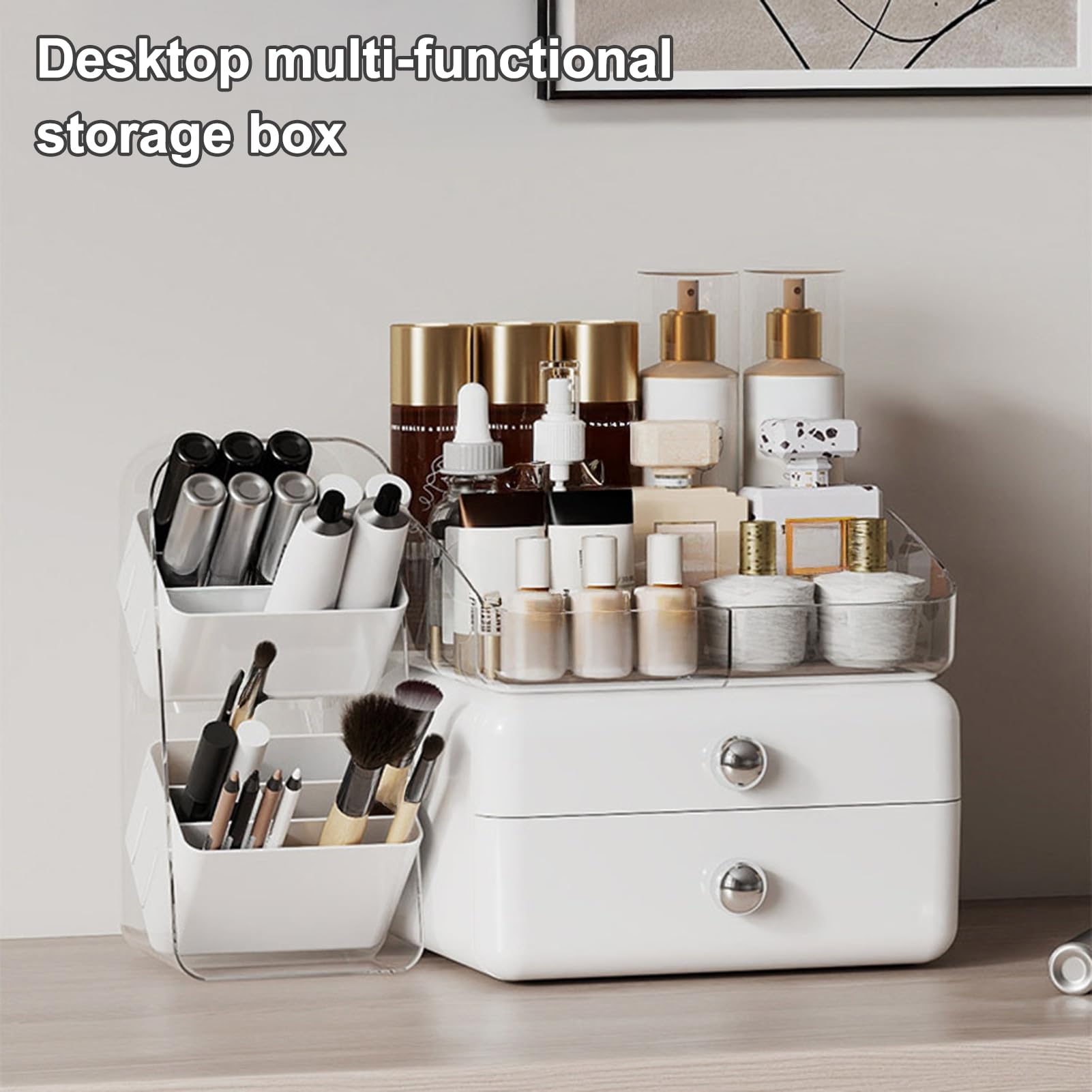 Caja de almacenamiento de cosméticos de escritorio, organizador de cosméticos de gran capacidad con 2 cajones, caja extraíble con múltiples compartimentos, organizador de maquillaje para