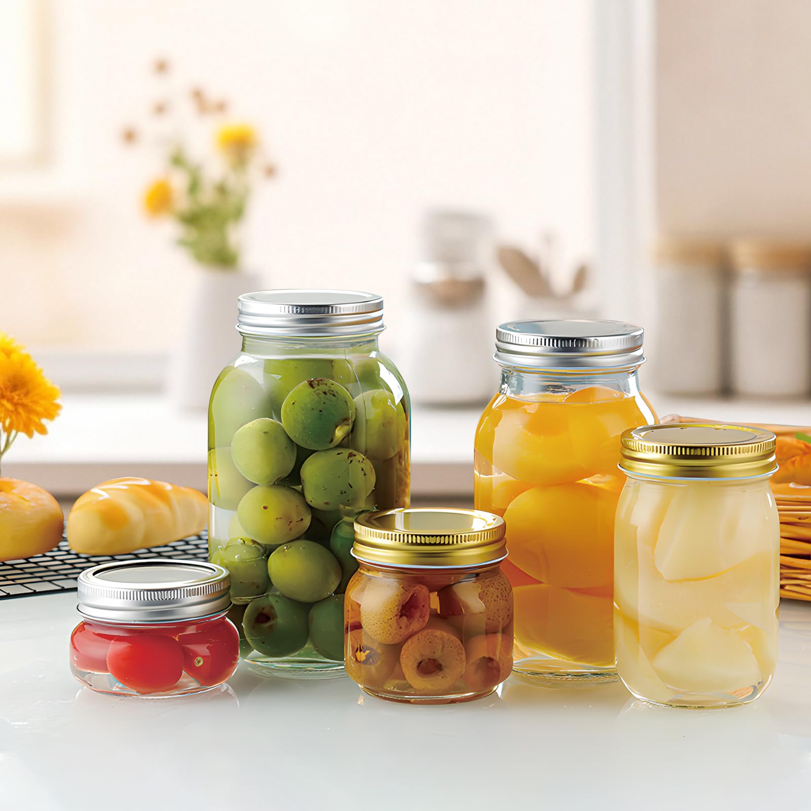 Mason Jars Einmachgläser mit breiter Öffnung, luftdichten Deckeln, Einmachgläser zum Fermentieren, Einlegen, Mahlzeitvorbereitung, Haferflocken und Tafelaufsätze (Gold -1, 750 ml) Küche, Haushalt & Wohnen