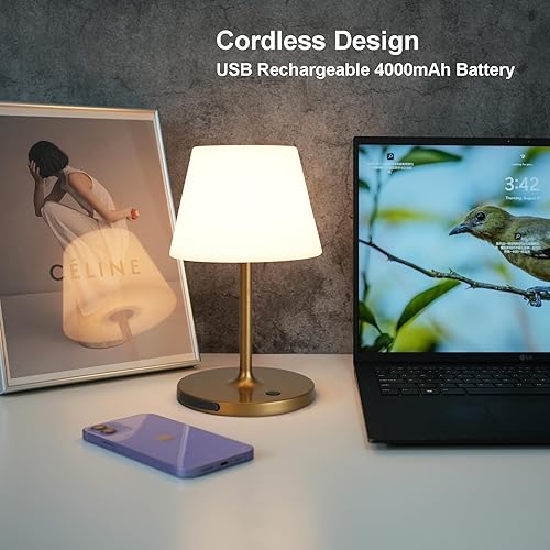Miniatura 8 de Lámpara de mesa para exteriores, inalámbrica recargable por USB, 4000 mAh, LED de 2700 K, regulable al tacto, portátil, funciona con pilas, IP44