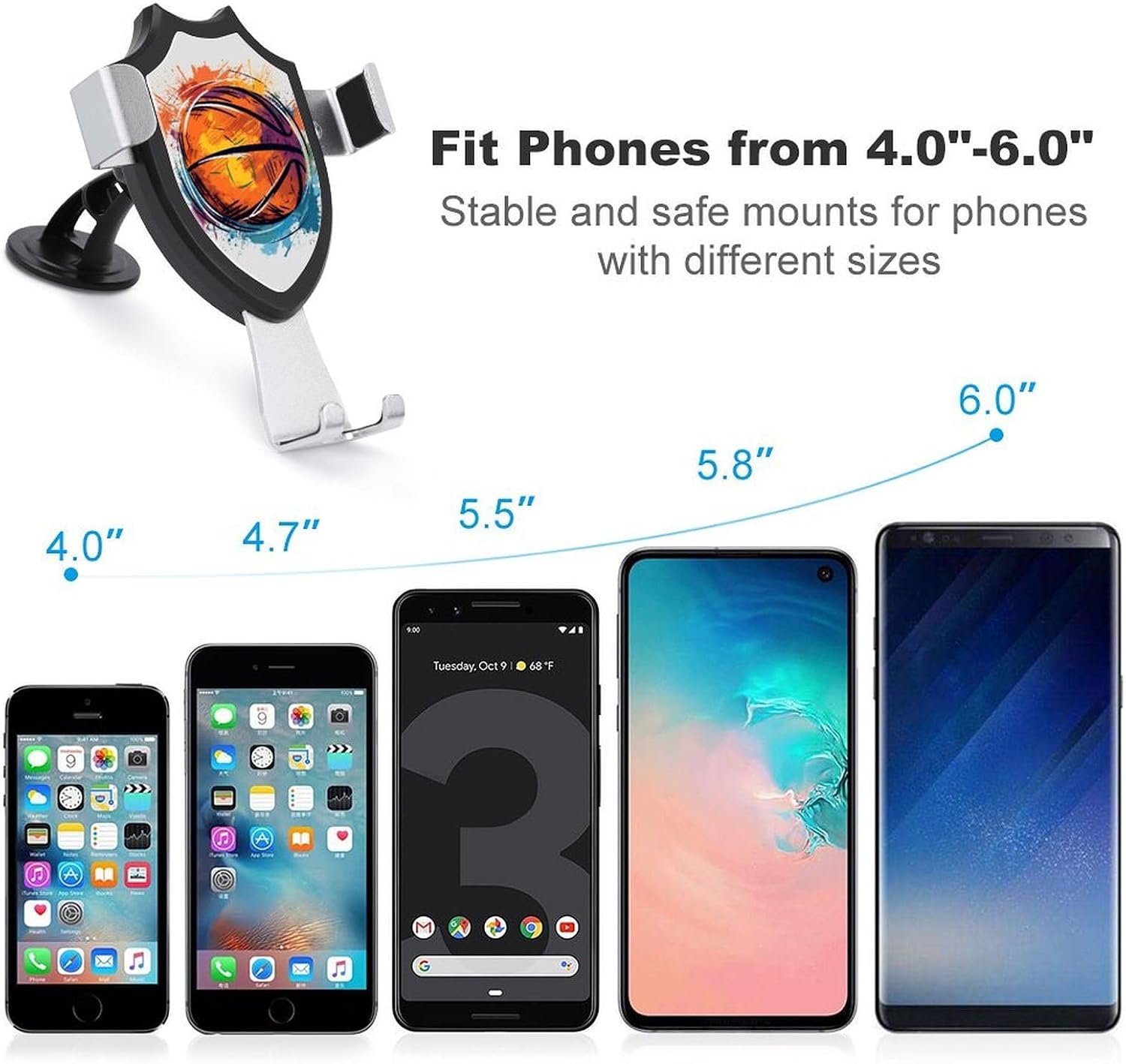 Colorful Basketball Car Phone Mount Universal 3-in-1 Phone Holders for Your Car with 360° Suction Cup Adjustable Cell Phone Car Mount for Car Dashboard Air Vent Windshield Automobile Cradle Stand for image 3