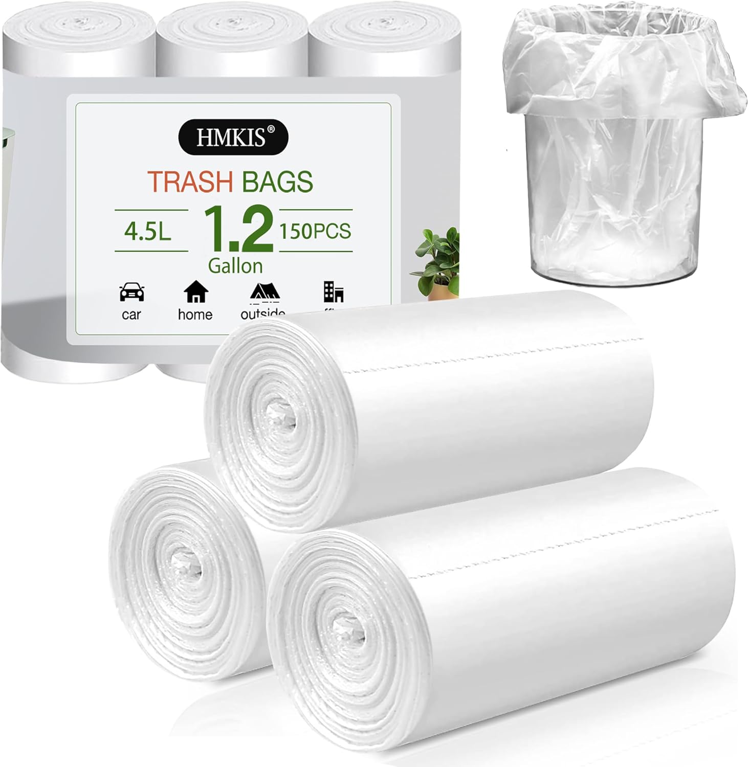 HMKIS 1.2 Gallon Small Trash Bags, 150 Counts, White Garbage Bags