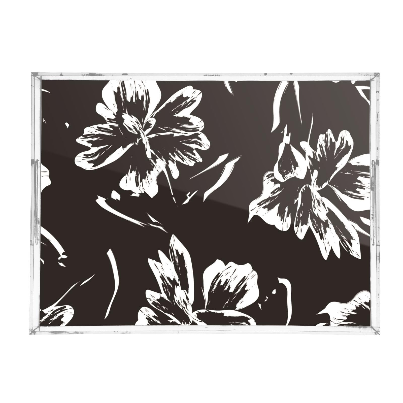 Bandeja de acrílico transparente con asas, bandeja de desayuno de acrílico transparente con patrón de trazos florales, bandeja de desayuno impermeable, bandejas transparentes para servir de 12 x 16