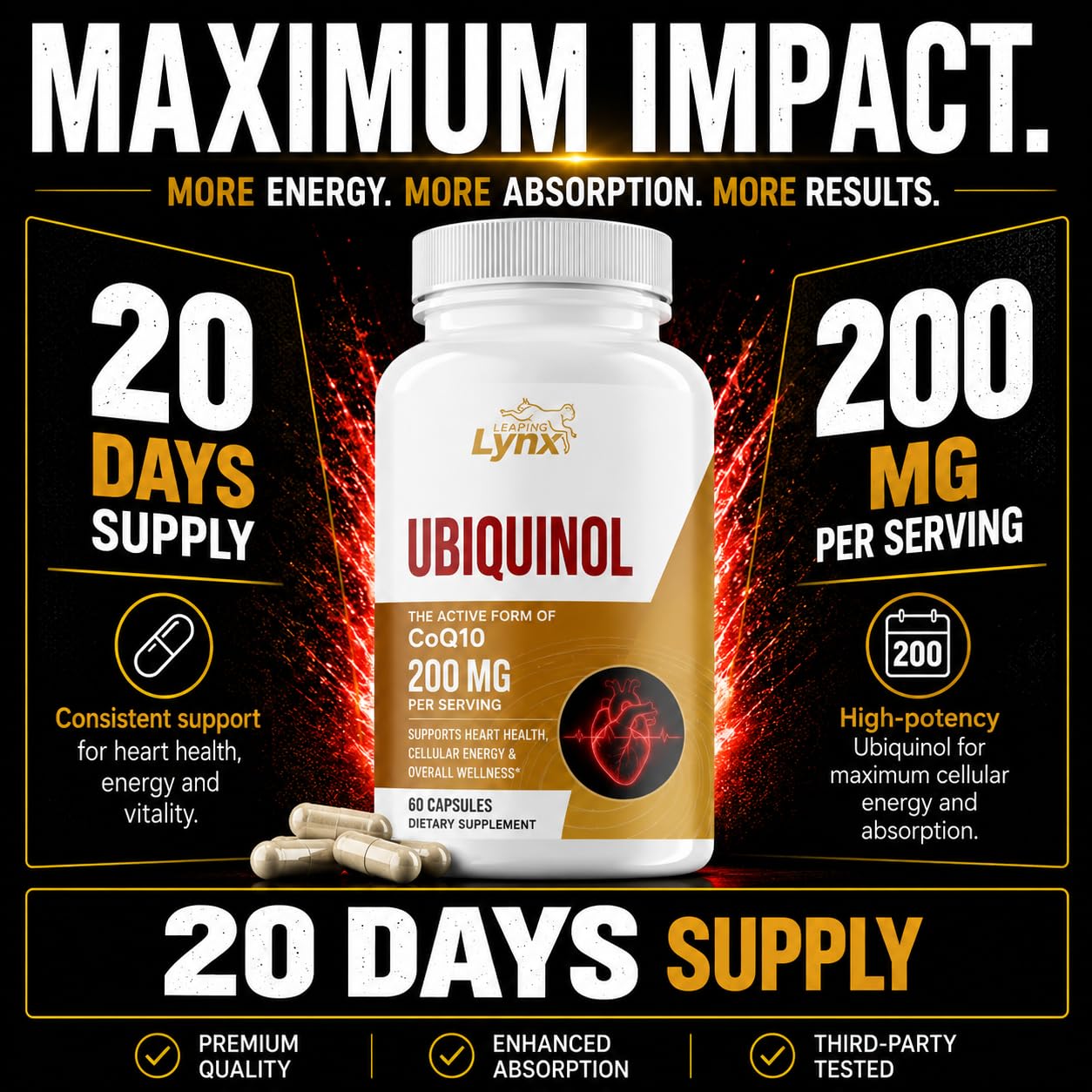 Leaping Lynx Ubiquinol CoQ10 200mg Supplement – Active Coenzyme Q10 for Heart Health, Cellular Energy, Cardiovascular & Antioxidant Support – High Potency CoQ10 Ubiquinol, 60 Capsules — Amazon image 4