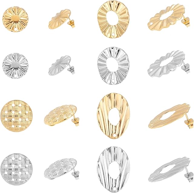 UNICRAFTALE 32pcs 4 Styles Stud Earring Findings 2 Colors Hypoallergenic Earrings Stainless Steel Ear Studs with Ear Nuts for Jewelry Making