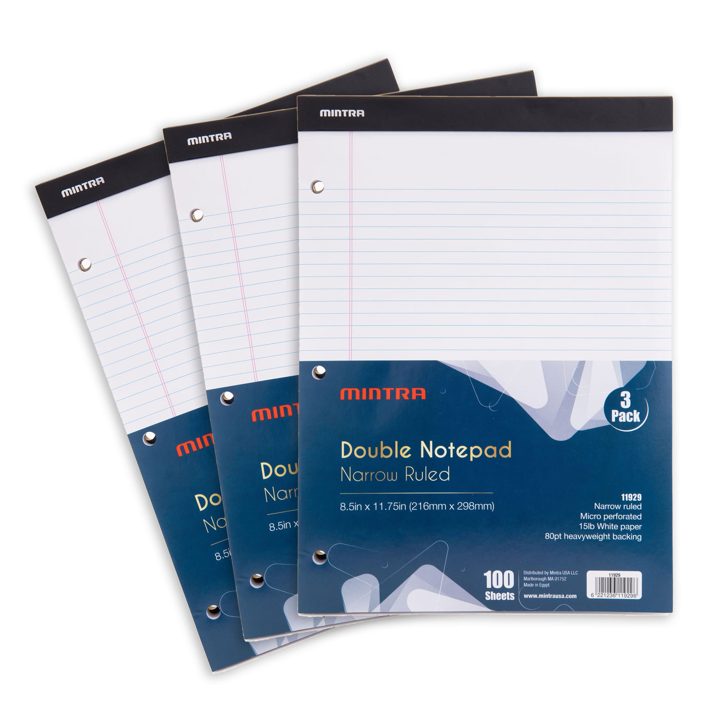 Mintra Office White Legal Pads – Ruled Notepads and Micro-Perforated Sheets, Ideal for Writing, Note-Taking &amp; Creativity, Office, or Professional Use, Double Pad 3 pack, 8.5"x11" (Narrow Ruled)