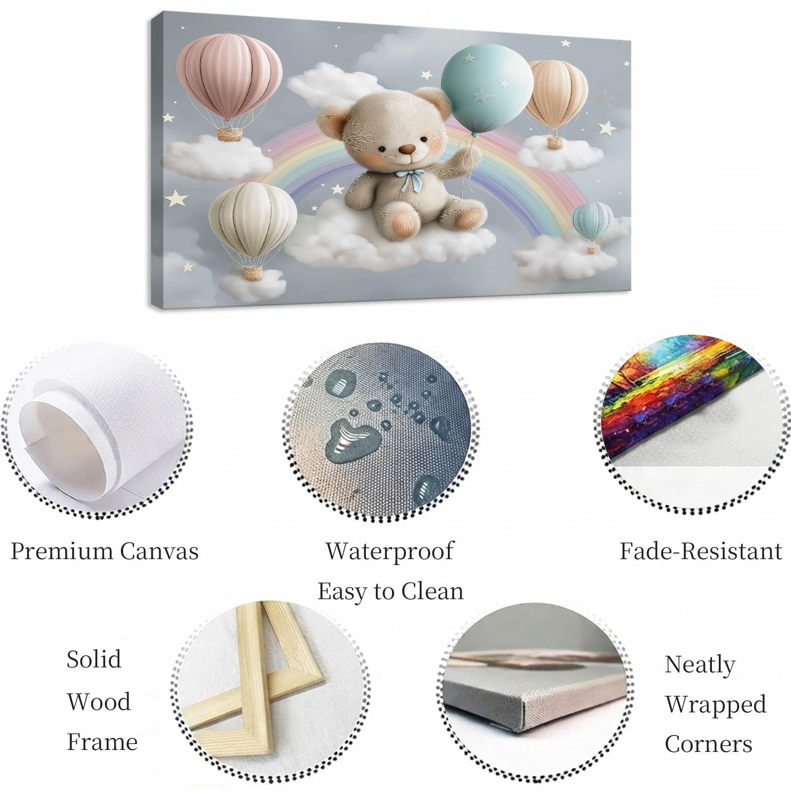 Leinwand Bilder Cartoon 90 x 60 cm Kinder Wandbilder Kunstdrucke, Grau Teddybär Luftballons Wolken - Panorama Wanddekoration für Wohnzimmer Schlafzimmer