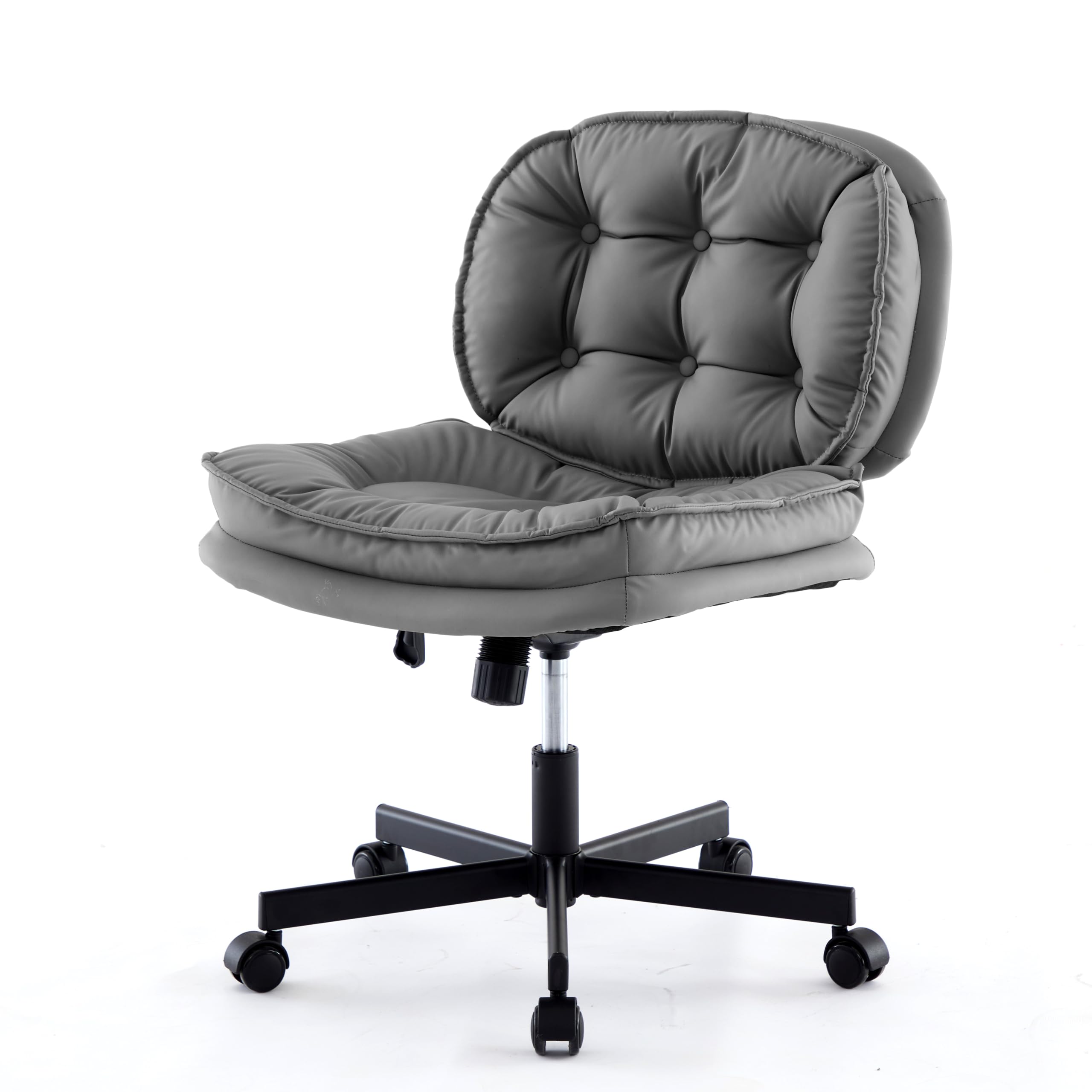 SUNWAVEArmless Office Chair with Wheels: PU Leather Cross Legs Wide Chair,  Comfortable Adjustable Swivel Computer Chair for Home,Ladies' Powder Room