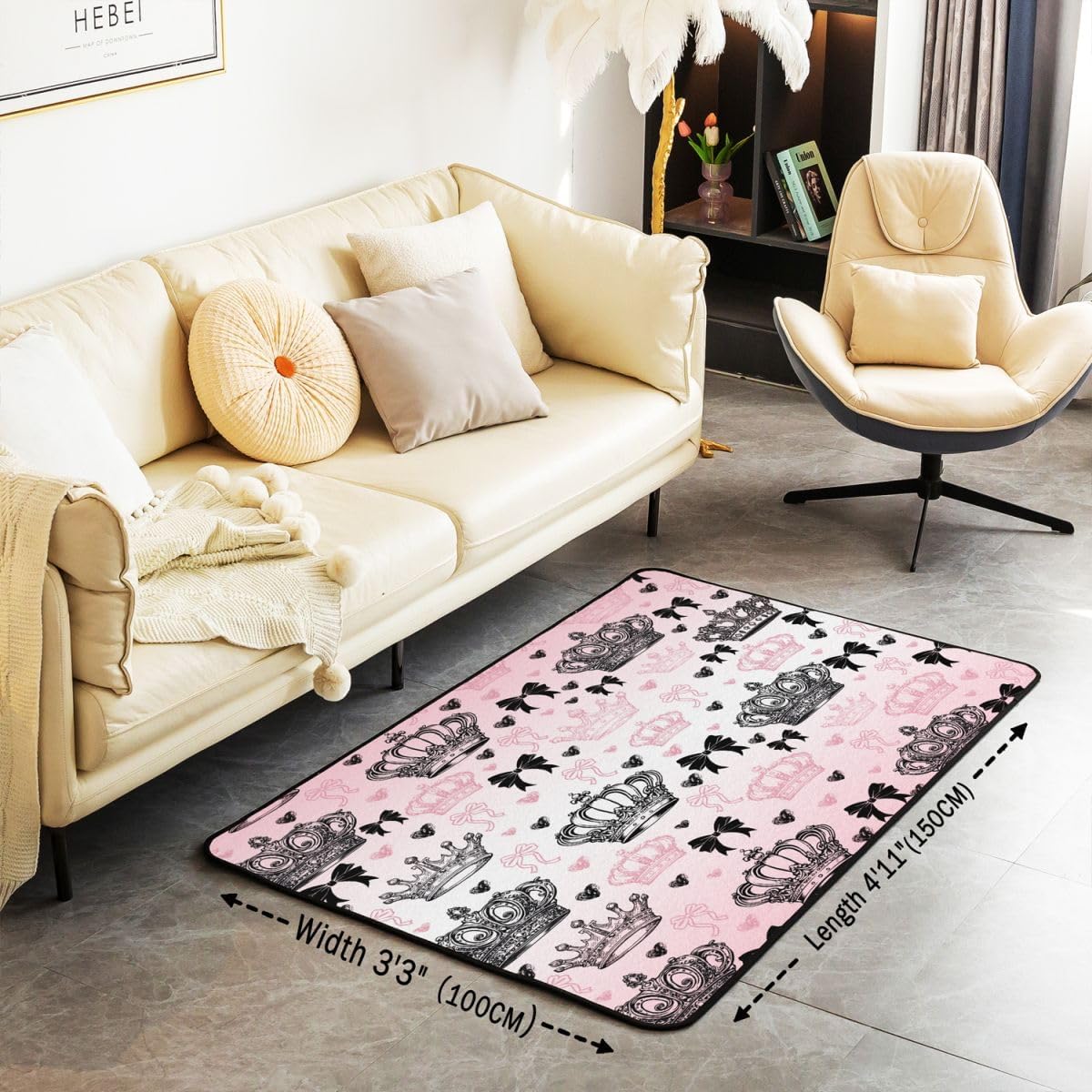 Princess Style Area Rug 3'x5',Crown Sketch Bowknot Print Non Slip Carpet for Kids Teens Adults,Heart Shaped Pink Black Decorative Shedding Mat for Bedroom Playroom Backyard