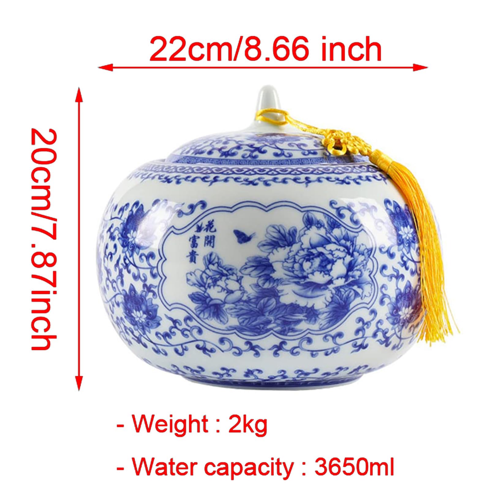 Grande urna per ceneri umane, grande urna in ceramica per animali domestici, barattolo sigillato in ceramica da 3650 ml, con motivo dipinto a mano blu e bianco (giallo, 22 cm)