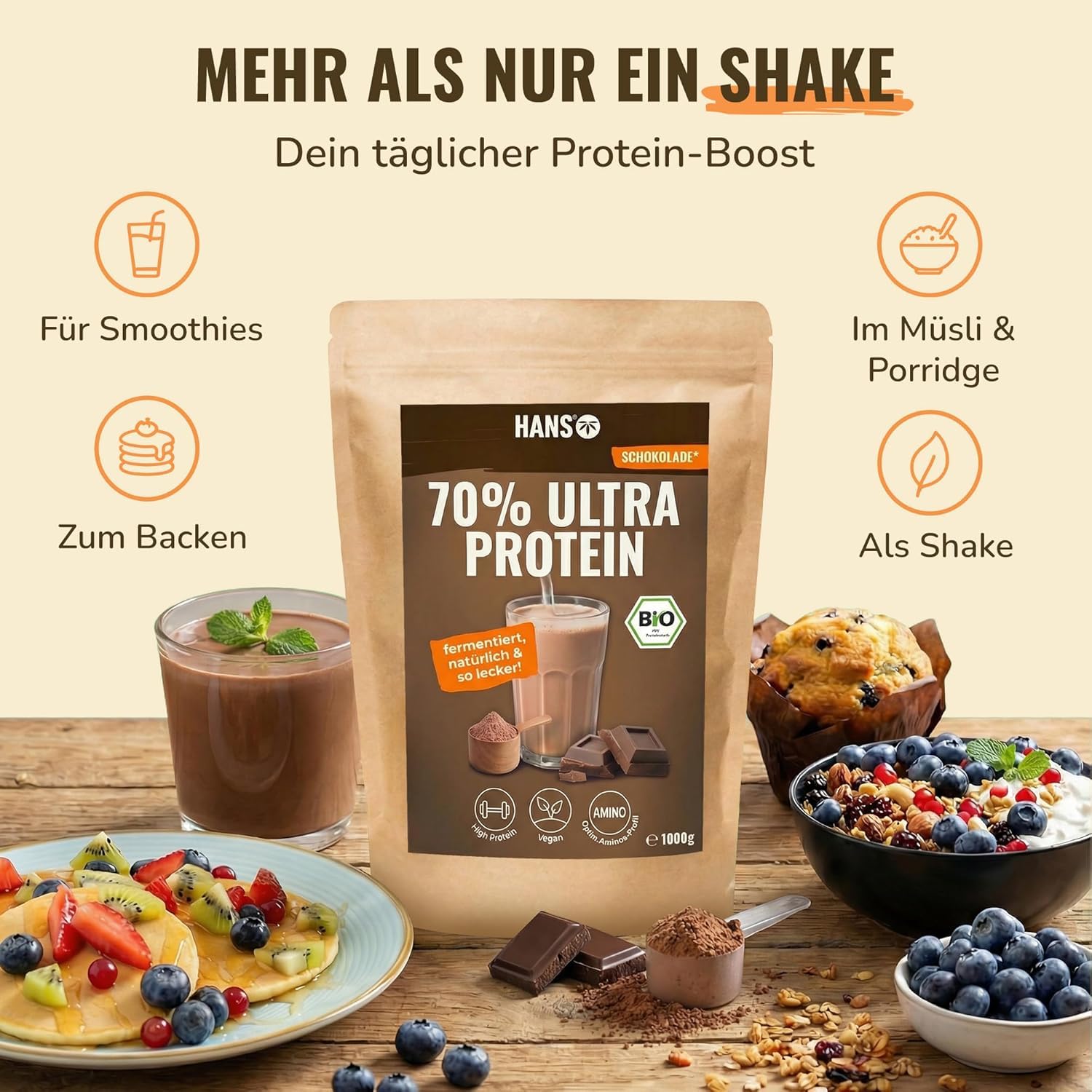 HANS Brainfood Veganes Proteinpulver Schoko - Bio Zertifiziert aus Bayern – 70% fermentiertes Erbsenprotein ohne Süßungsmittel, cremig & gut löslich – Protein Pulver vegan (3000g)