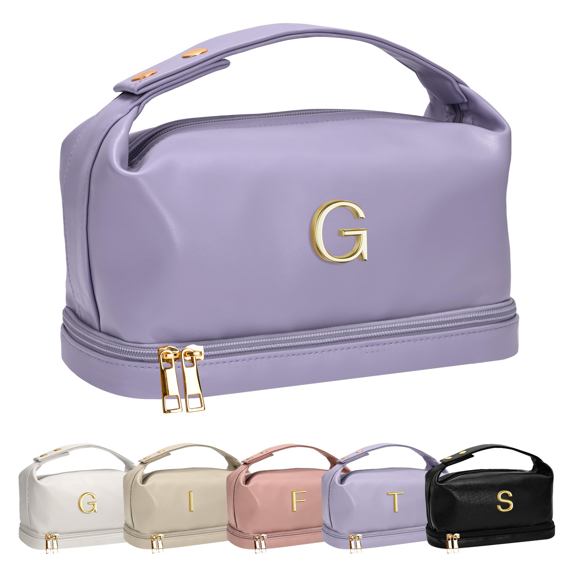 Vogewood Initial Makeup Bag, Personalized Bags with Handle, Waterproof Double Layer Cosmetic Bag, Large Capacity PU Leather Makeup Bags Letter Travel