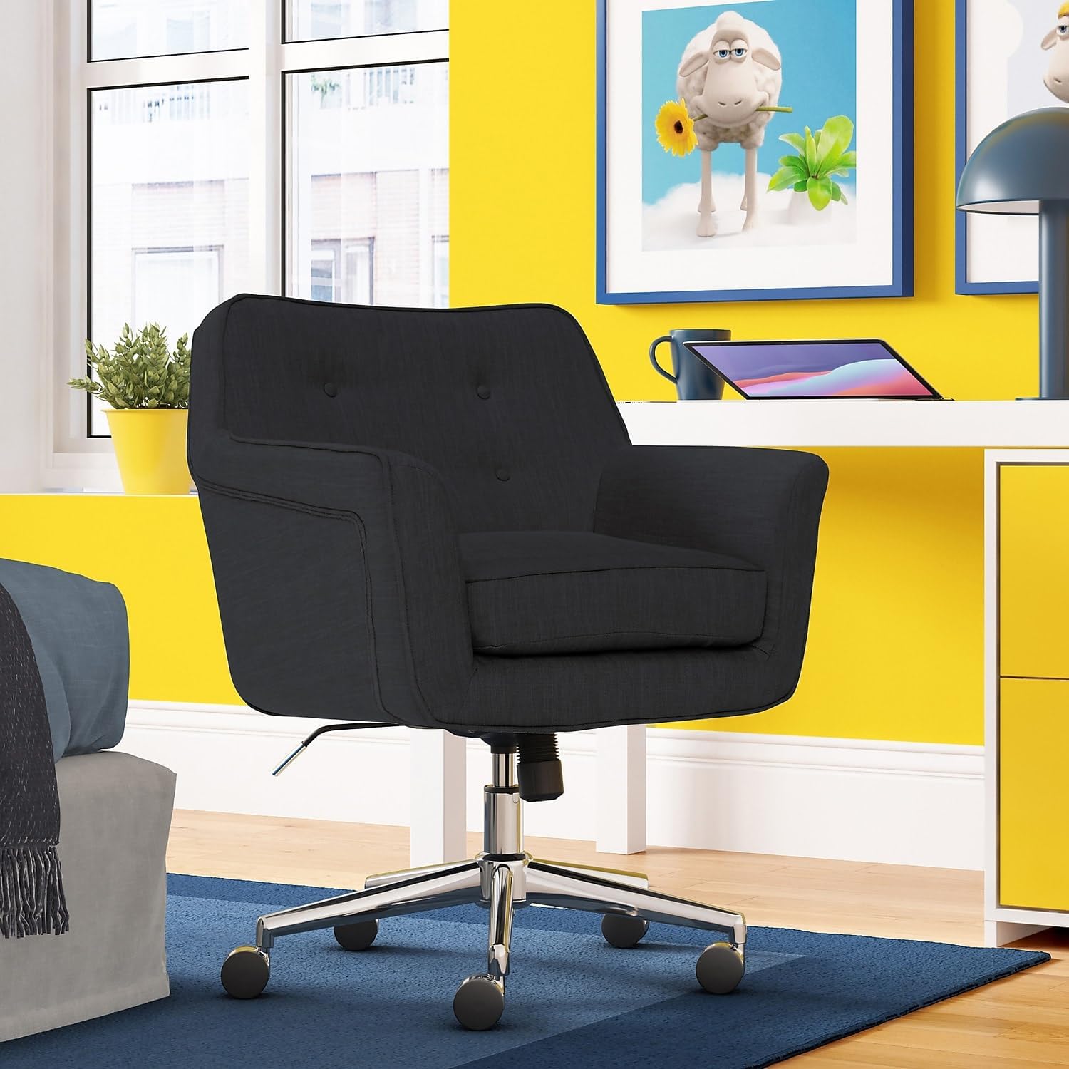 Serta Ashland Home Office Desk Chair with Button Tufted Mid-Back, Memory Foam Cushion and Padded Arms, Mid Century Modern Vanity Armchair with Wheels for Bedroom, Chrome Metal Base, Charcoal Gray