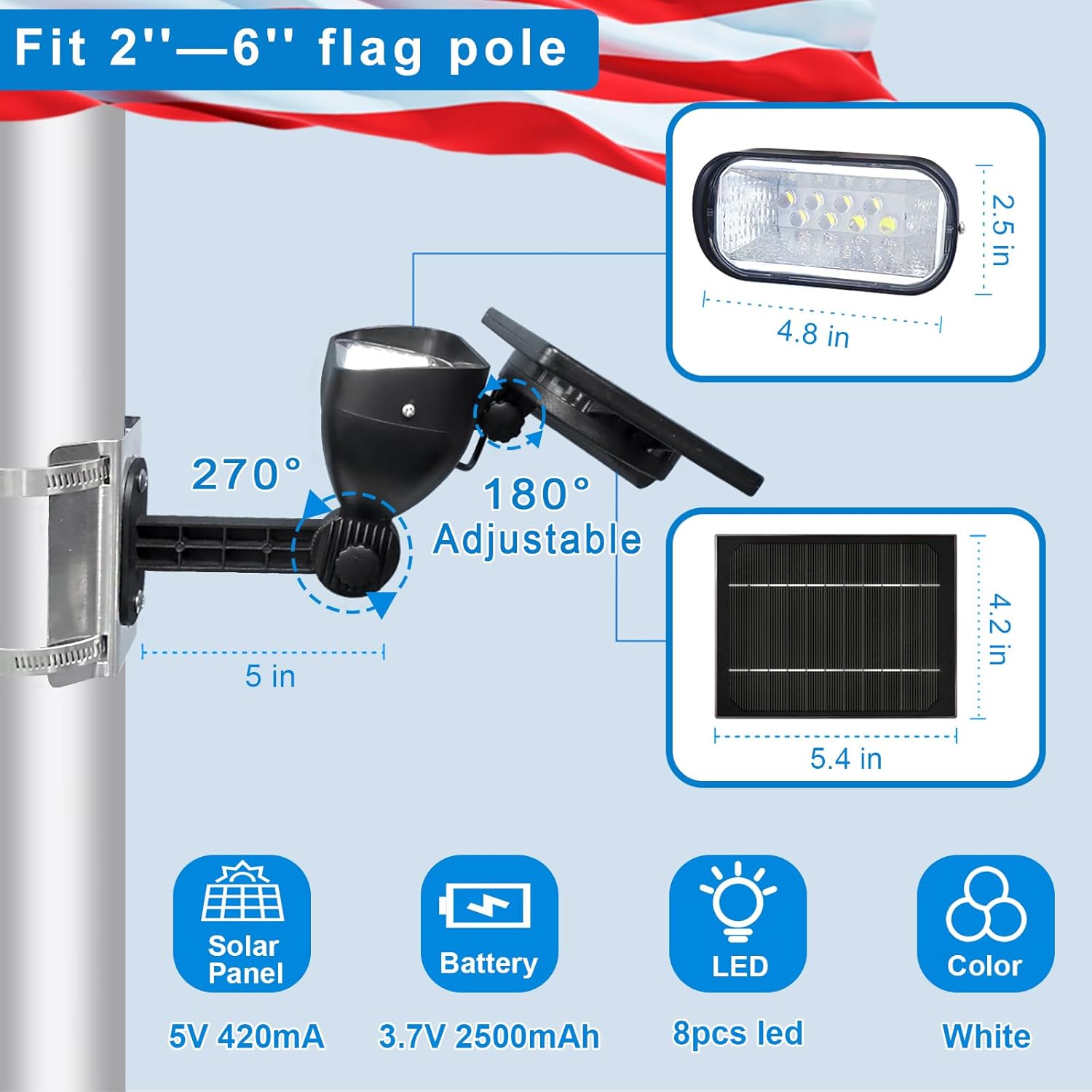 Flag Pole Light Solar Powered 8 Super Bright LED Solar Flag Lights 360 Degrees Adjustable Bracket Fits 2"-6" Flagpole, 8-12 Hrs Outdoor Waterproof Dusk to Dawn Flags Spotlights