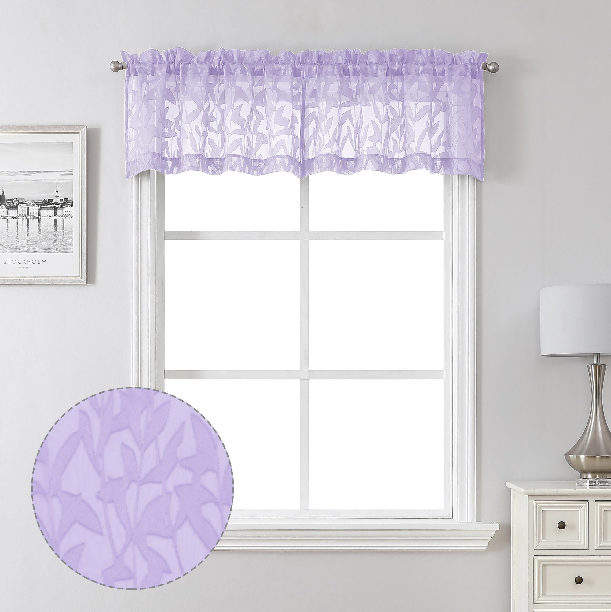 Lecloud Leia Light Purple Sheer Curtains 14 Inch Length 2 PCS, Dual Rod Pockets Living Room Window Short Curtains Valances, Jacquard Clip Textured Leaf Bedroom Decor, 38 W x 14 L