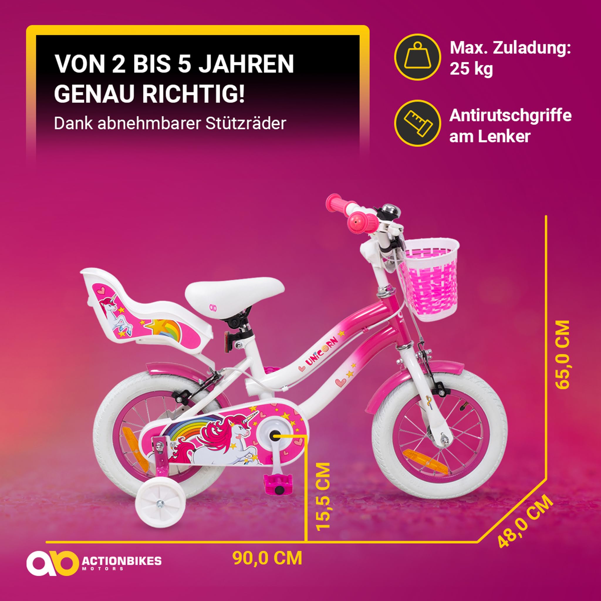 Actionbikes Kinderfahrrad Unicorn | 12 16 Zoll - V-Brake Bremsen - Fahrrad für Kinder von 2-7 Jahren - Schutzblech v. / h - Kinder Fahrrad für Mädchen & Jungen - Fahrräder - Bicycle - Kinderrad - Bike