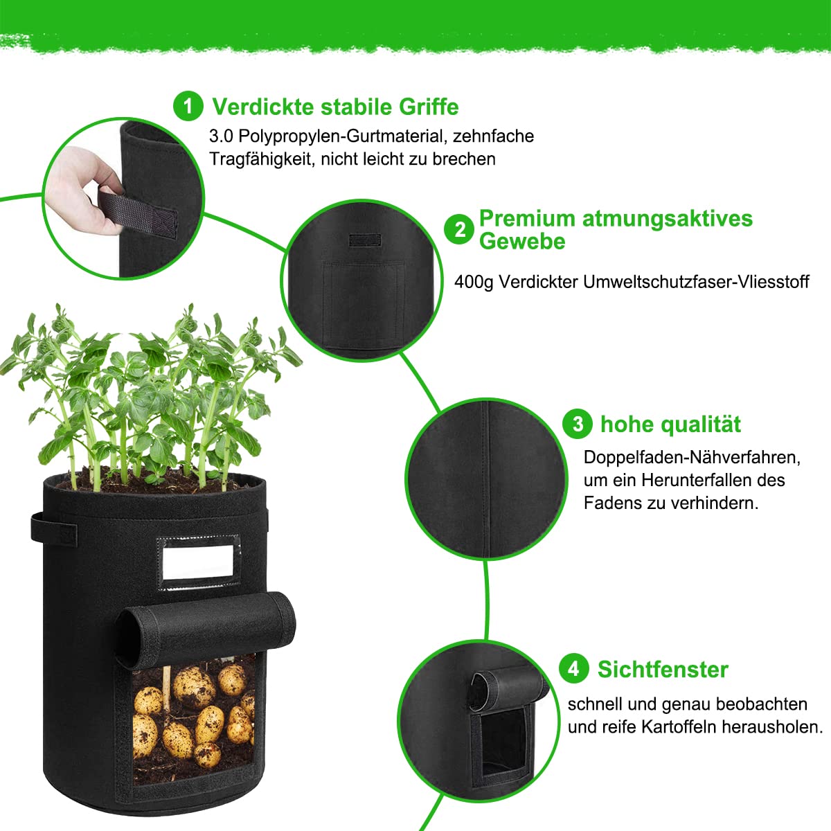 Lot de 3 sacs de plantation de pommes de terre de 7 gallons avec poignées stables et rabat visualisé, pots en non-tissé épais et respirant avec gants de jardinage pour tomates, pommes de
